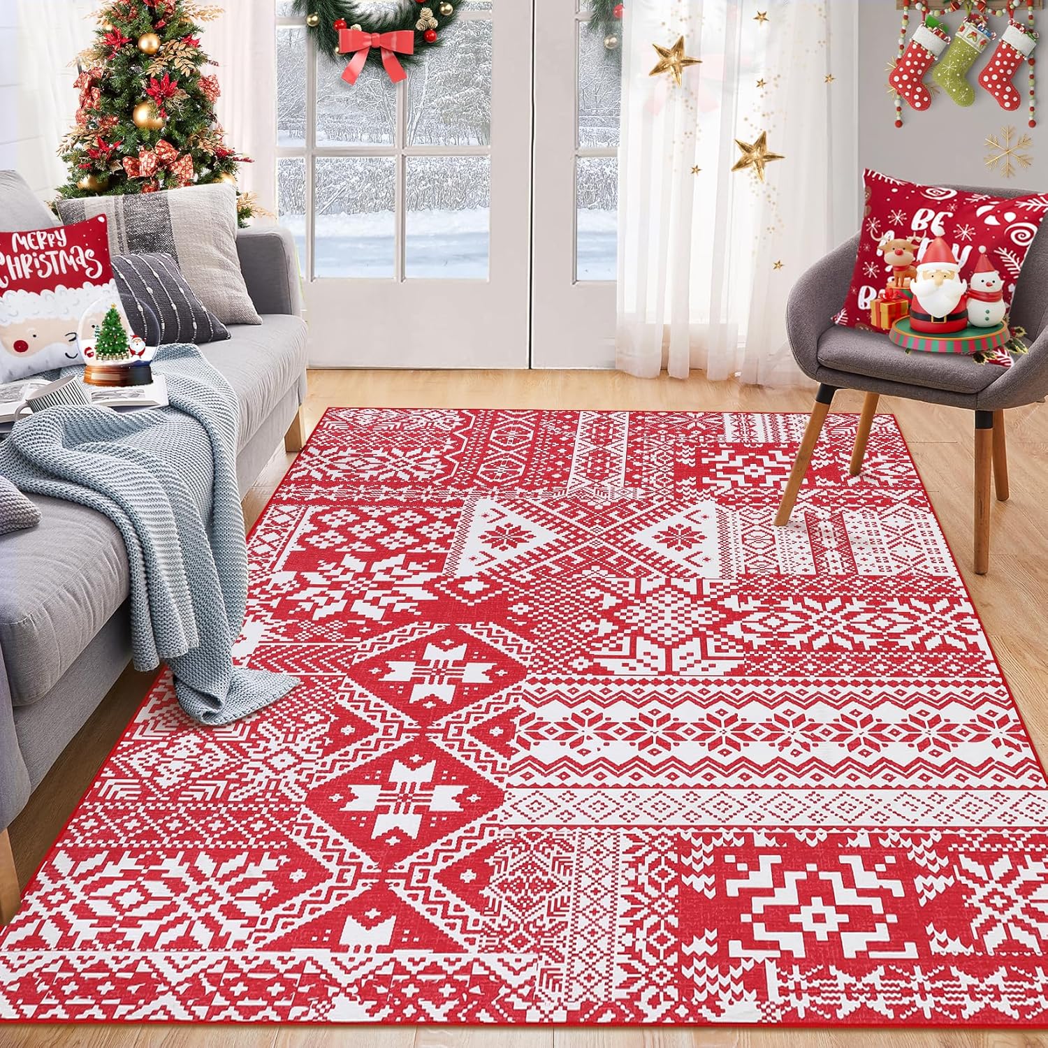 GAOMON Alfombras para sala de estar, decoración de habitación de Navidad, alfombra roja, alfombra lavable, alfombra antideslizante, alfombra bohemia