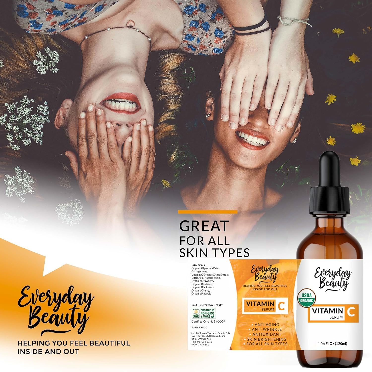 Suero orgánico de vitamina C para cara, suero facial certificado por USDA, antienvejecimiento para líneas finas y arrugas, potentes ingredientes