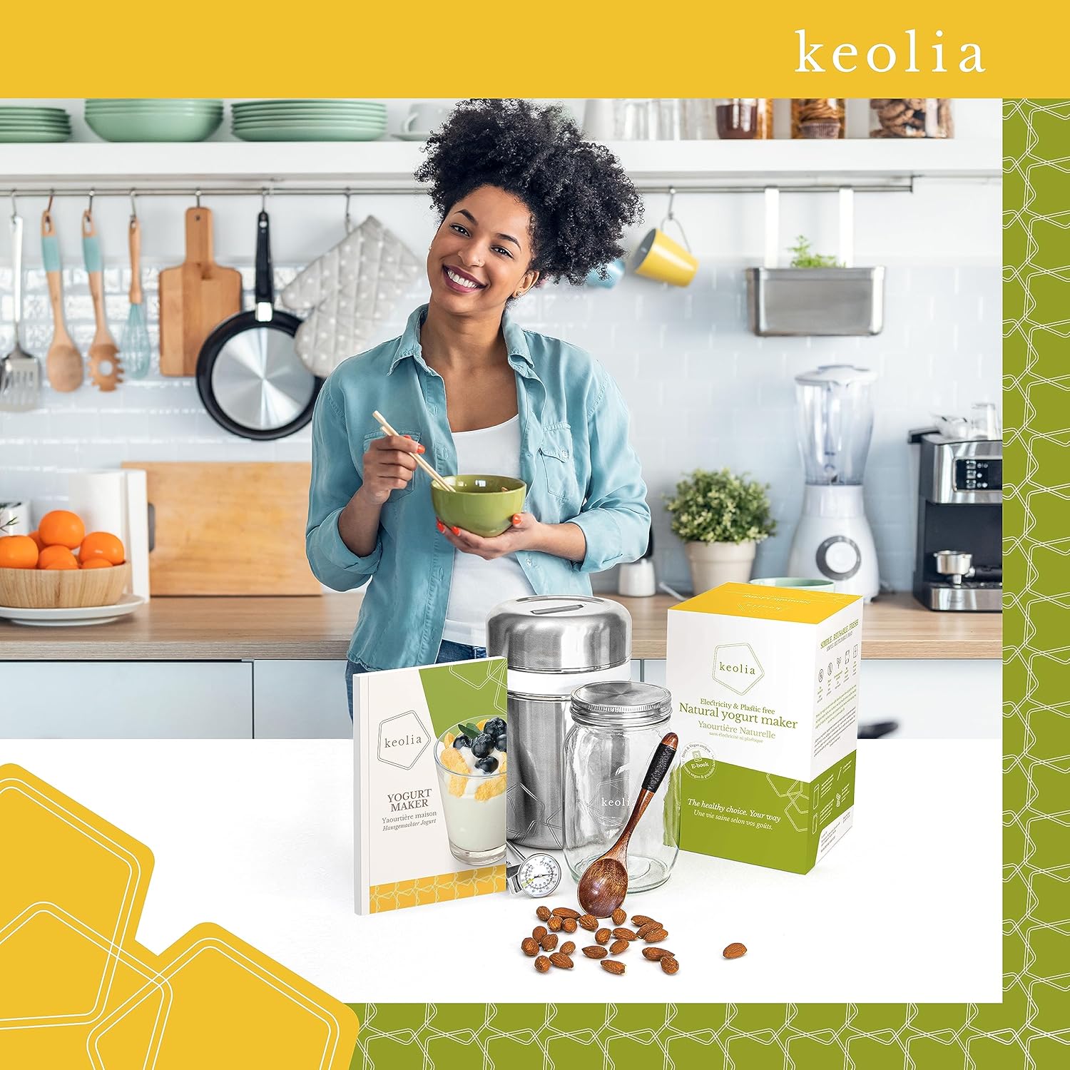 Keolia Máquina para hacer yogur, tarros de vidrio para yogur de 1 cuarto de galón con libro de recetas y accesorios para hacer yogur, cultura de