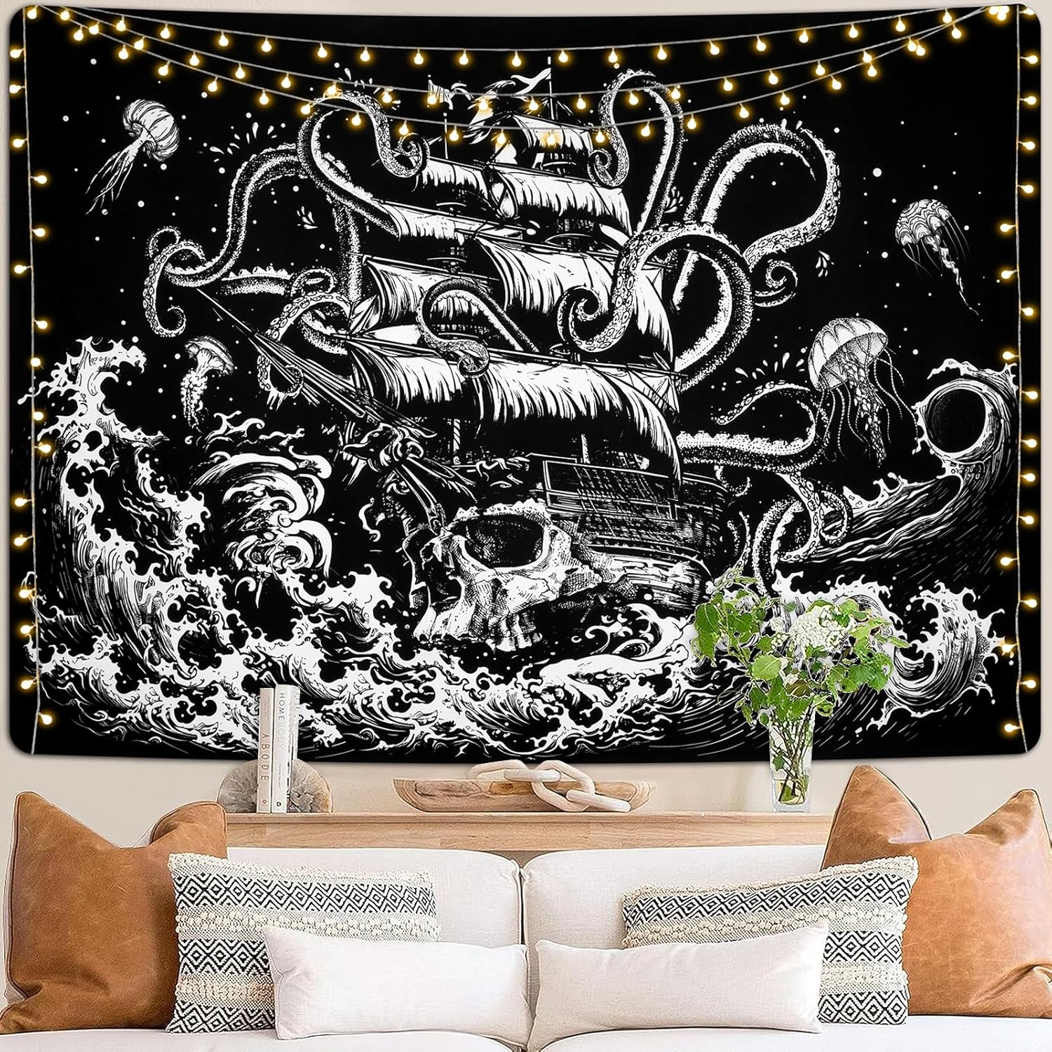 Krelymics Tapiz de olas del océano, tapices náuticos, tapiz de anime japonés, tapiz gótico de velero, decoración de pared, tapiz de pulpo blanco y