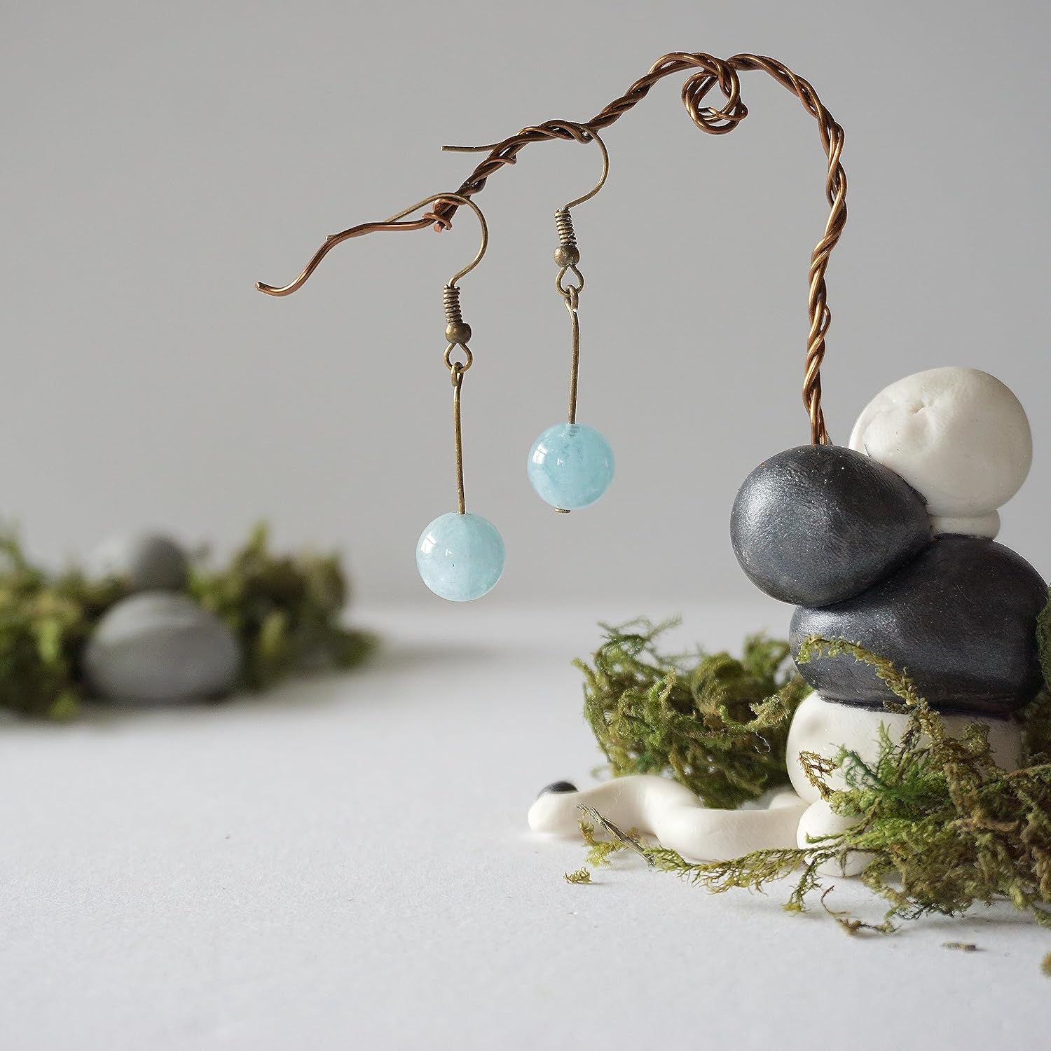 Designs by Nature Gems Handmade Womens Genuine Raw Aquamarine Earrings – Comes with 1.5 Antique Bronze and Gift Box, March Birthstone, Mothers Day
