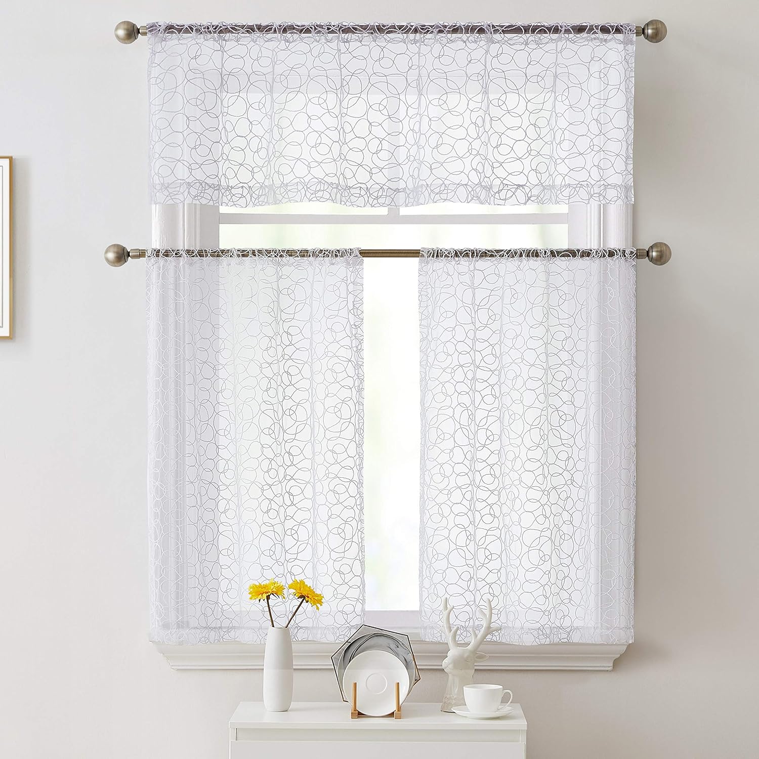 HLC.ME Audrey – Cenefa de cortina de gasa transparente bordada con bolsillo para barra, para cocina, dormitorio, ventanas pequeñas y baño (54 x 18