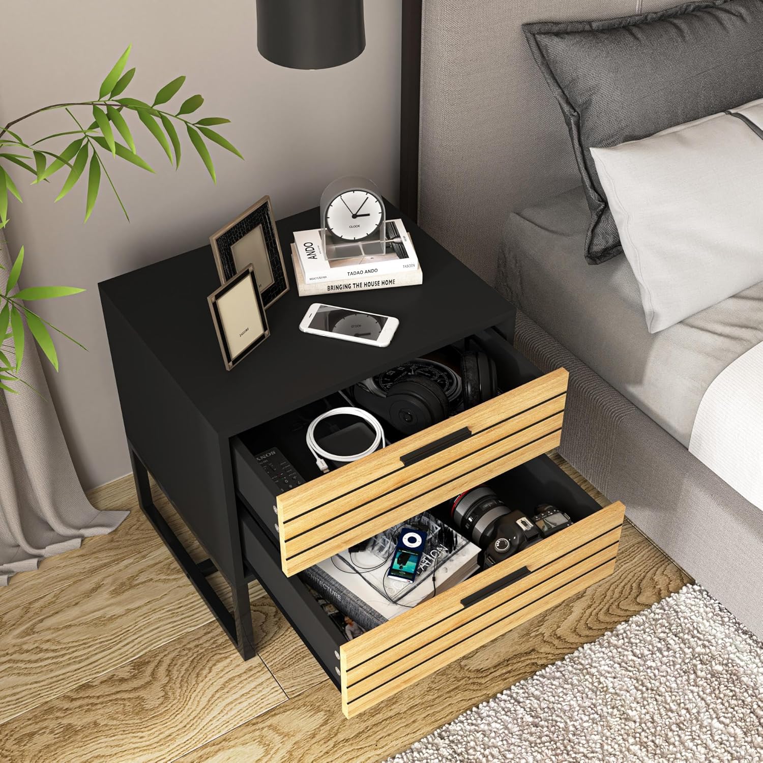 CIPACHO Juego de 2 mesitas de noche, mesa auxiliar, mesita de noche con cajón de almacenamiento y estante abierto, muebles decorativos de mesita de