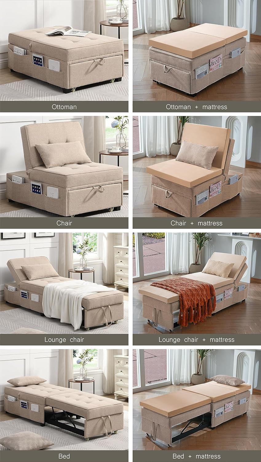Cynefin Silla de sofá cama con colchón especializado, silla convertible cama otomana, cama otomana 4 en 1, almohada lumbar bolsillos laterales de