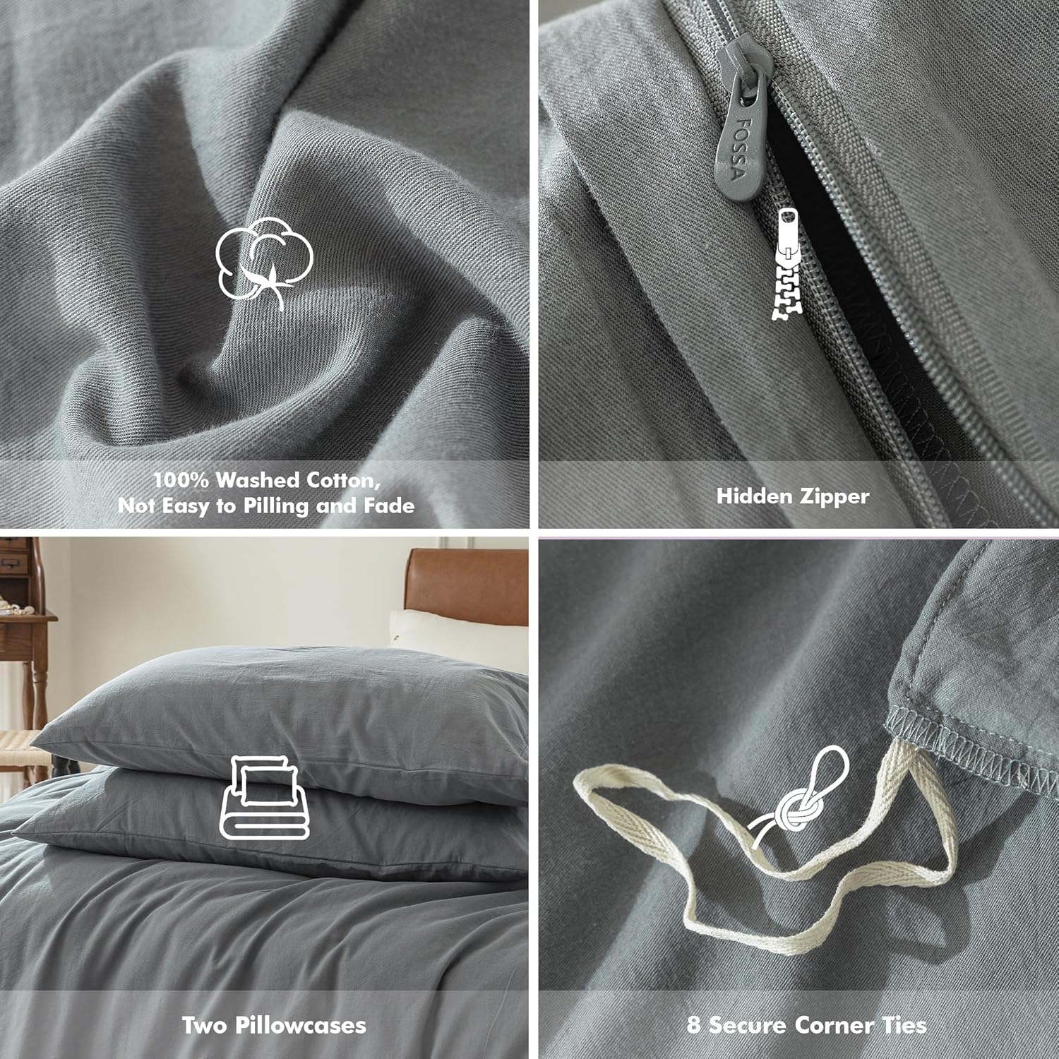 FOSSA Juego de funda de edredón 100% algodón lavado, juego de ropa de cama de 2 piezas de sarga suave, acogedor, transpirable, resistente,