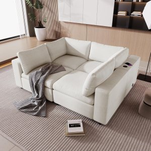 Sofá modular modular en forma de L de 4 plazas con puertos de carga USB, carga inalámbrica y altavoz Bluetooth integrado en el brazo, sofá cama Sofá modular modular en forma de L de 4 plazas con puertos de carga USB, carga inalámbrica y altavoz Bluetooth integrado en el brazo, sofá cama