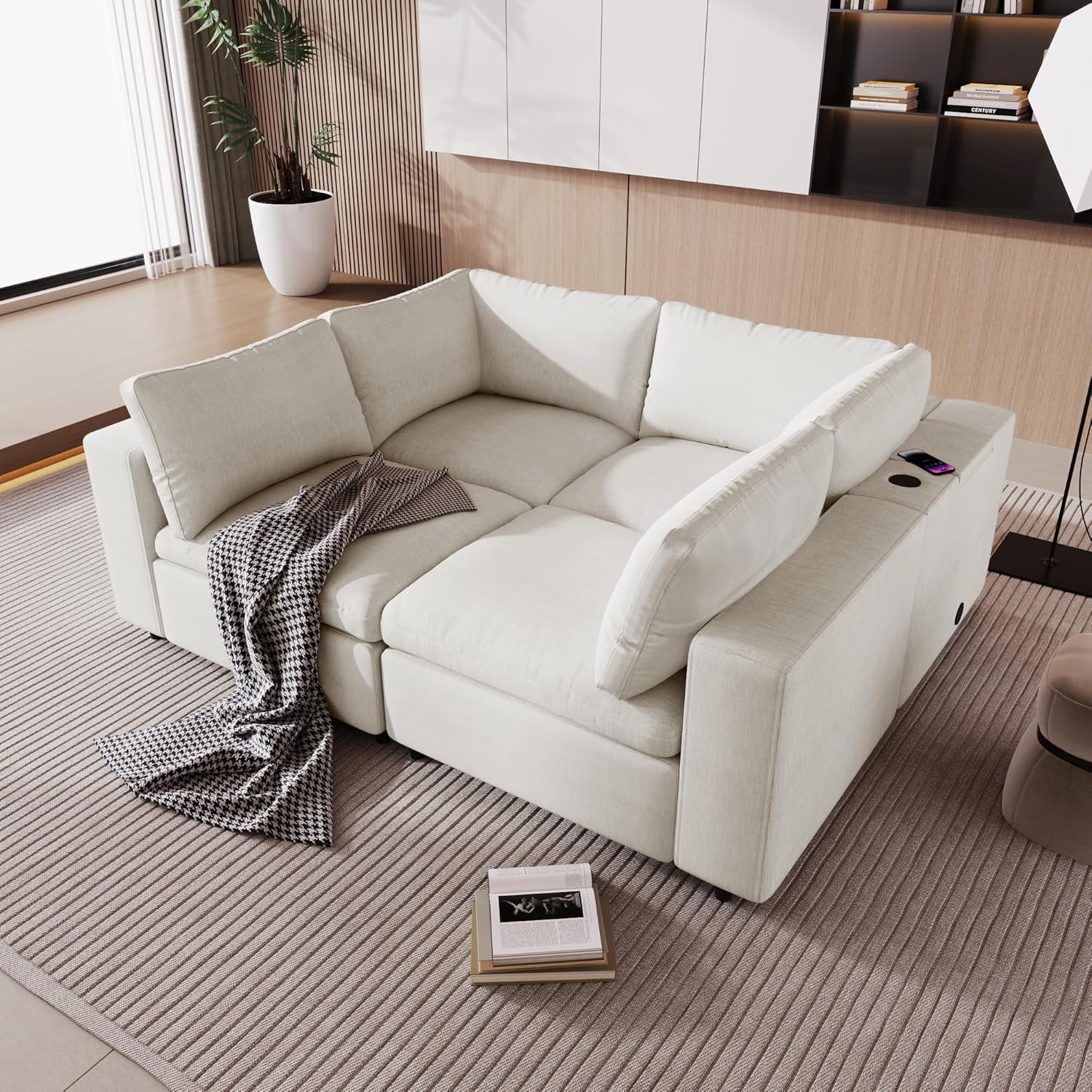 Sofá modular modular en forma de L de 4 plazas con puertos de carga USB, carga inalámbrica y altavoz Bluetooth integrado en el brazo, sofá cama