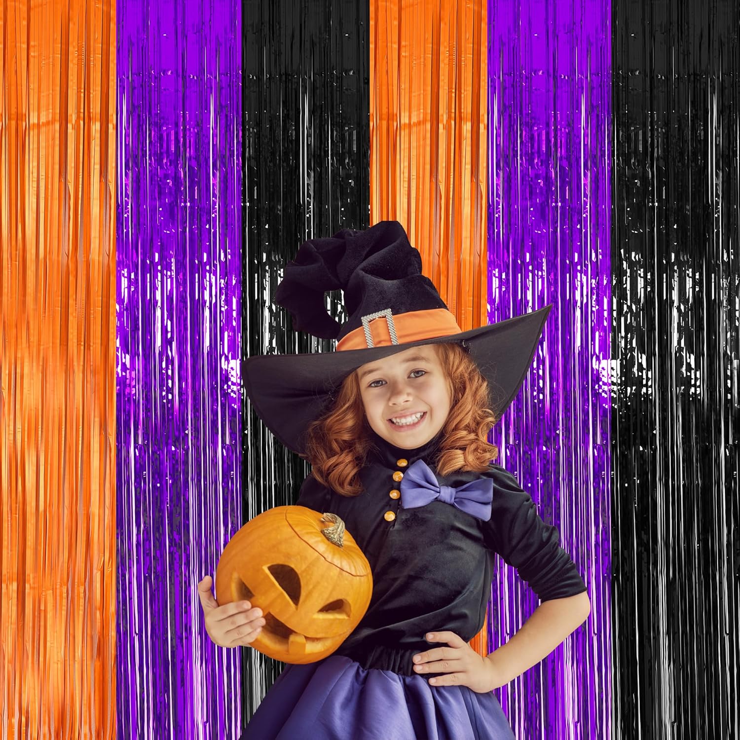 2 Packs 3.3ft x 8.2ft Halloween Orange Purple Black Tinsel Foil Fringe Curtains, Metallic Foil Curtains for Home Outdoor Halloween Party Photo Booth