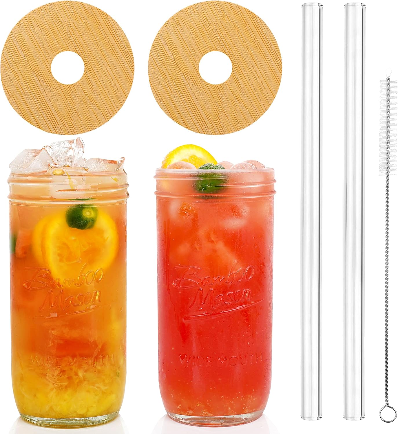 ANOTION Tarro Mason con tapa y pajilla, vaso de boca ancha de 24 onzas, vasos reutilizables para beber batidos de café helado, margaritas, helado,