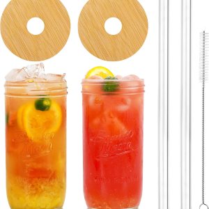 ANOTION Tarro Mason con tapa y pajilla, vaso de boca ancha de 24 onzas, vasos reutilizables para beber batidos de café helado, margaritas, helado, ANOTION Tarro Mason con tapa y pajilla, vaso de boca ancha de 24 onzas, vasos reutilizables para beber batidos de café helado, margaritas, helado,