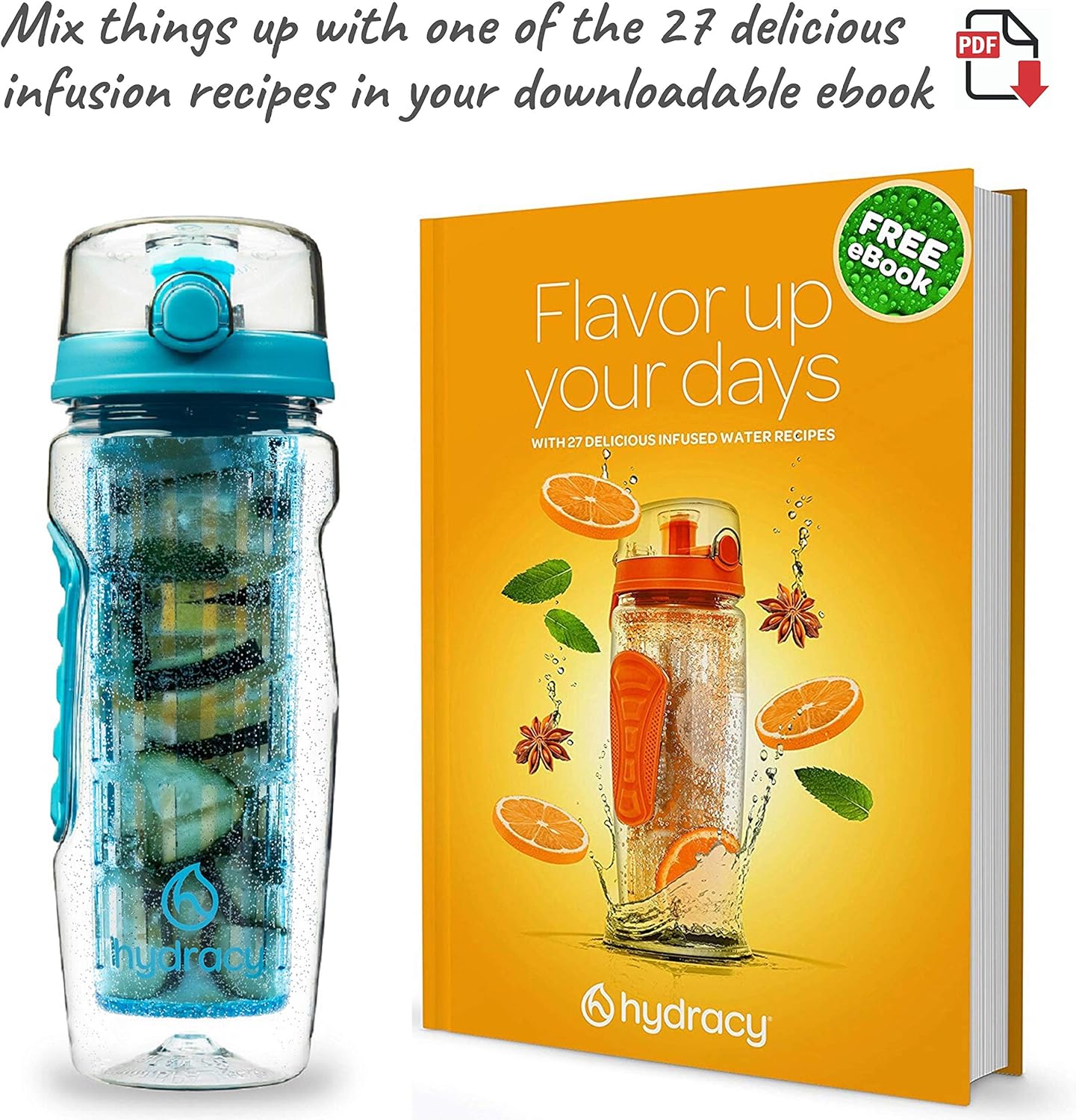 Hydracy Botella deportiva de agua infusora de frutas, de 32 onzas líquidas, barra de infusión de longitud completa, marca de tiempo y funda aislante