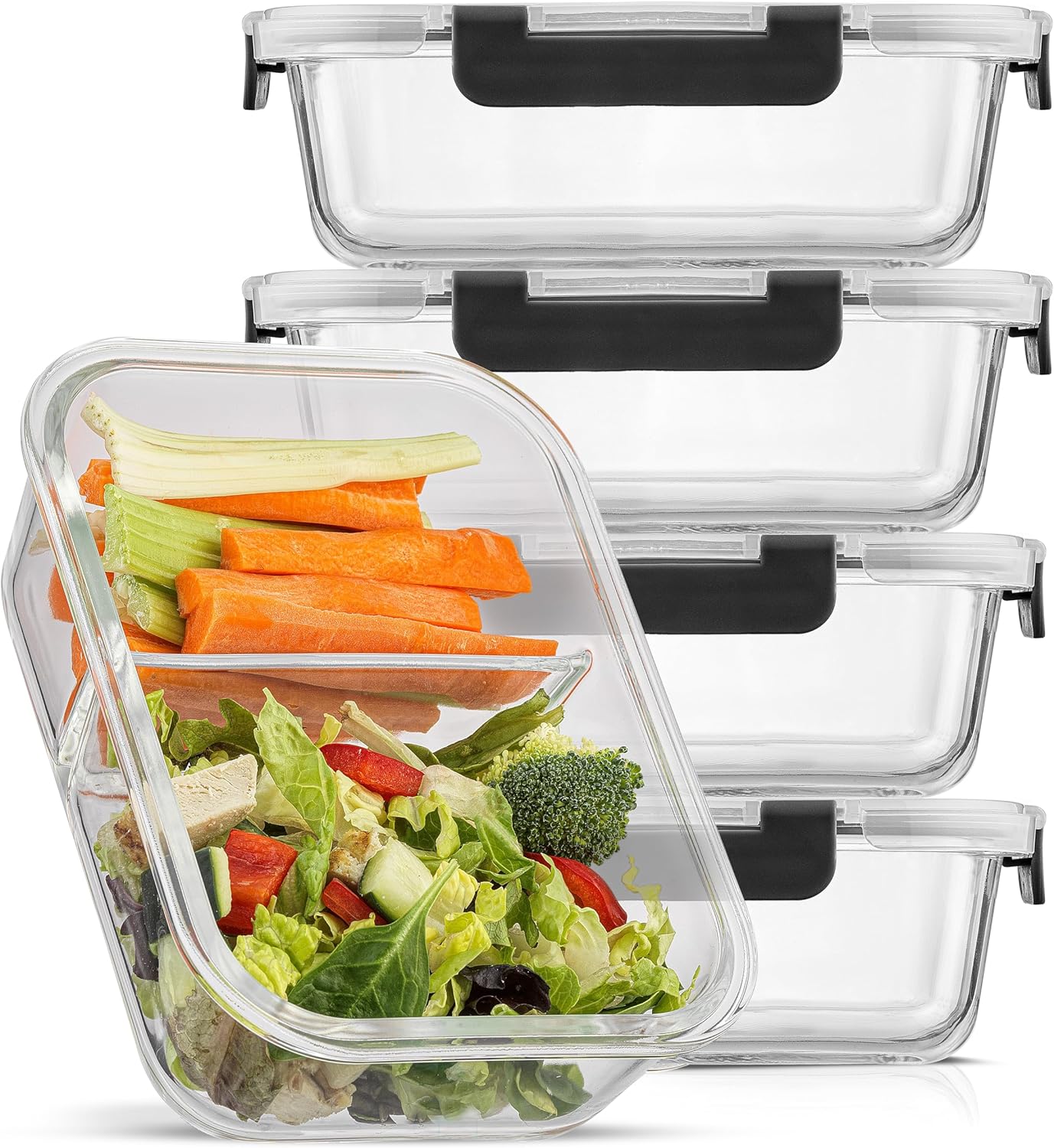 JoyJolt Contenedores divididos para almacenamiento de alimentos con tapas herméticas. Paquete de 5 recipientes de vidrio para preparación de