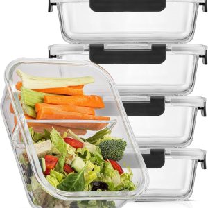 JoyJolt Contenedores divididos para almacenamiento de alimentos con tapas herméticas. Paquete de 5 recipientes de vidrio para preparación de JoyJolt Contenedores divididos para almacenamiento de alimentos con tapas herméticas. Paquete de 5 recipientes de vidrio para preparación de