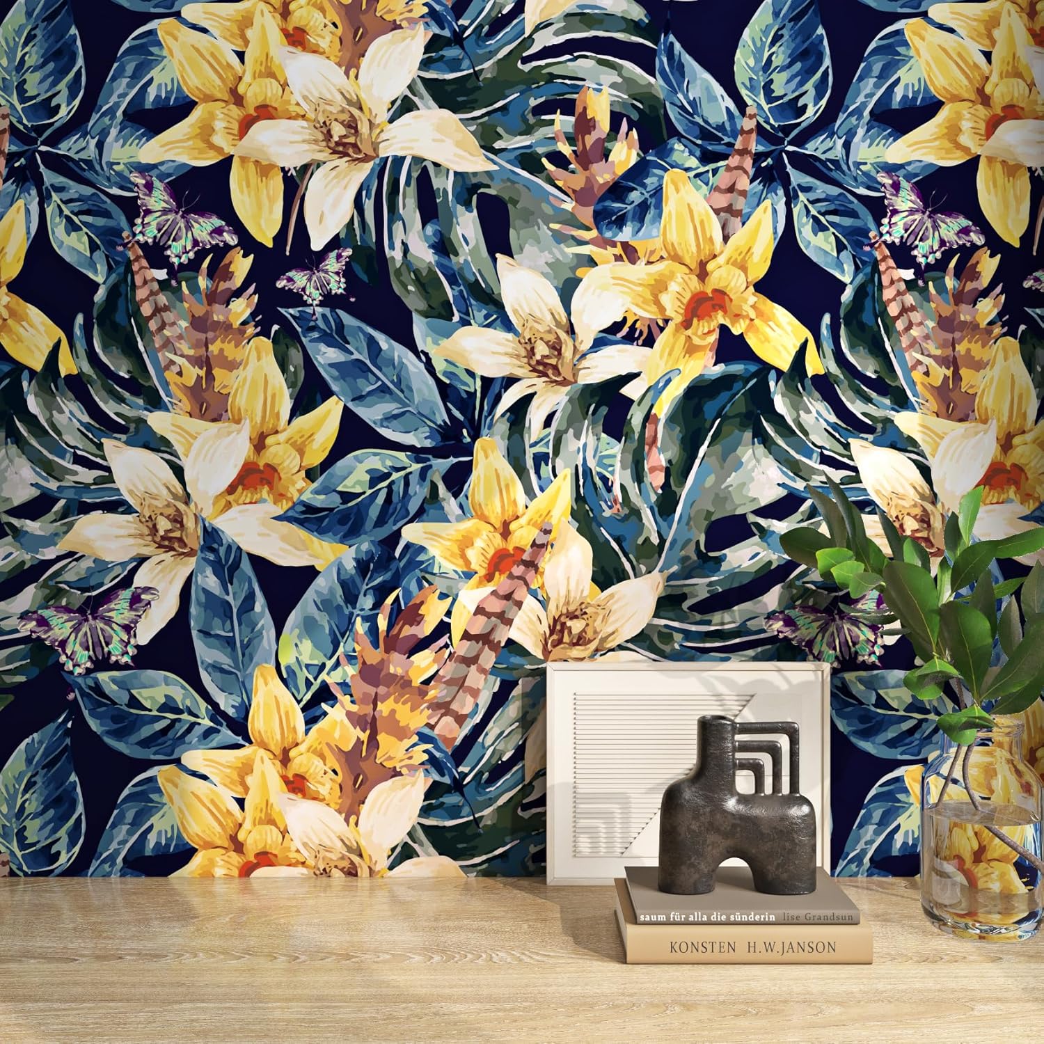 FunStick Papel tapiz floral azul marino oscuro de 17.5 x 354 pulgadas, despegar y pegar, papel tapiz floral vintage extraíble, papel adhesivo de