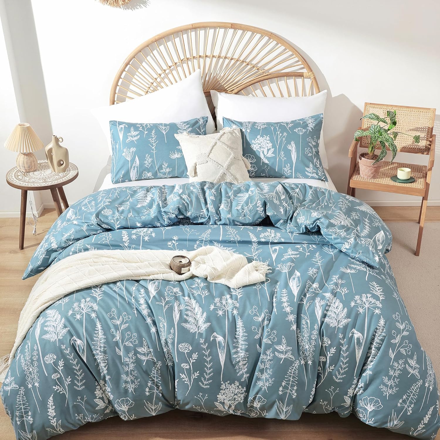 JANZAA Funda de edredón tamaño Queen, color azul mineral, bohemio, con patrones florales blancos, ropa de cama botánica, funda de cama de microfibra