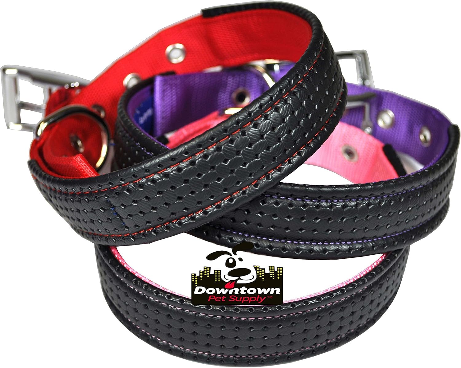 Collar para perros deluxe ajustable, grueso, (azul, rojo, negro, morado, rosa, pequeño, mediano, grande o extragrande) de Downtown Pet Supply,