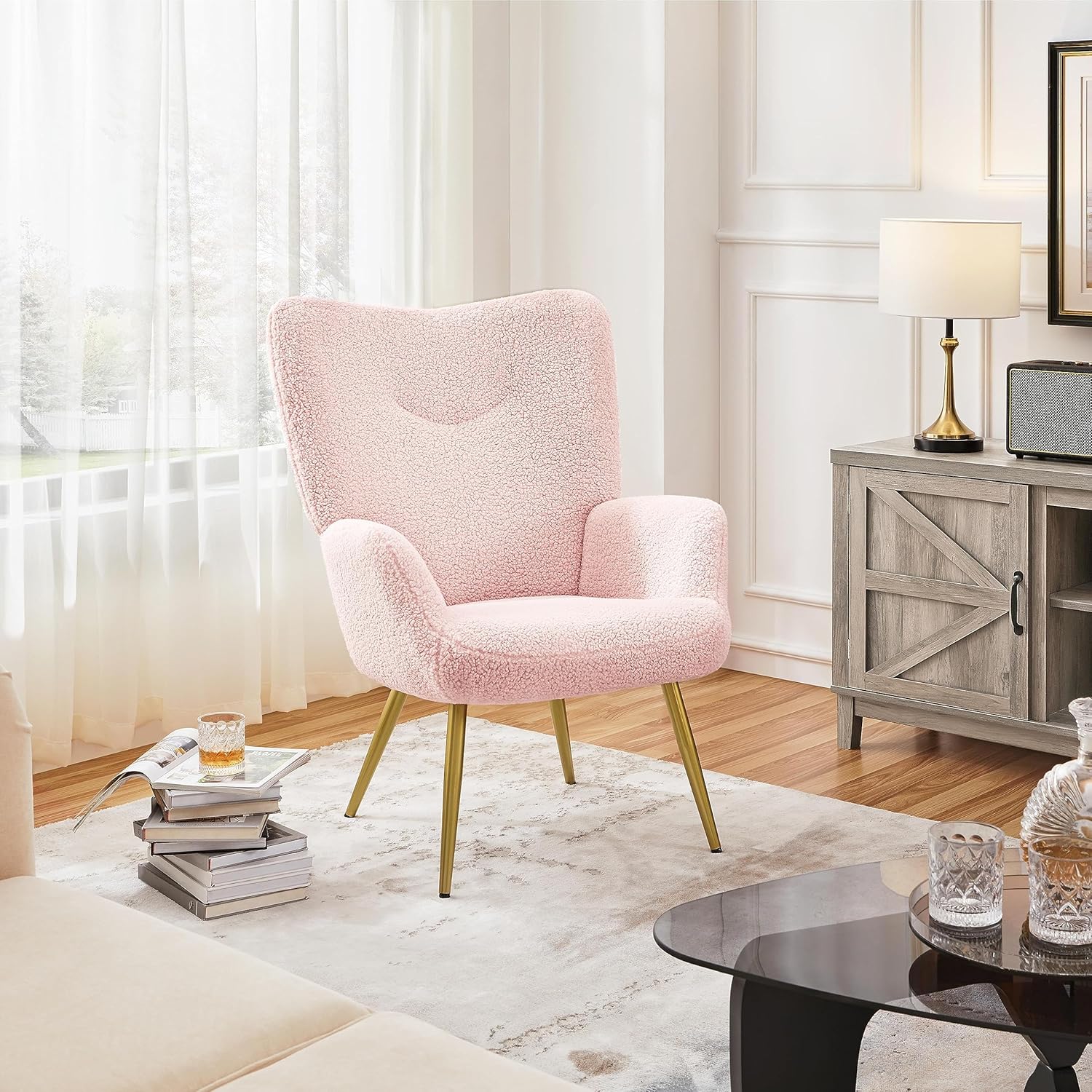 Yaheetech Silla de tocador moderna, silla decorativa de tela Boucle, sillón de felpa Sherpa con respaldo alto y acolchado suave, silla casual