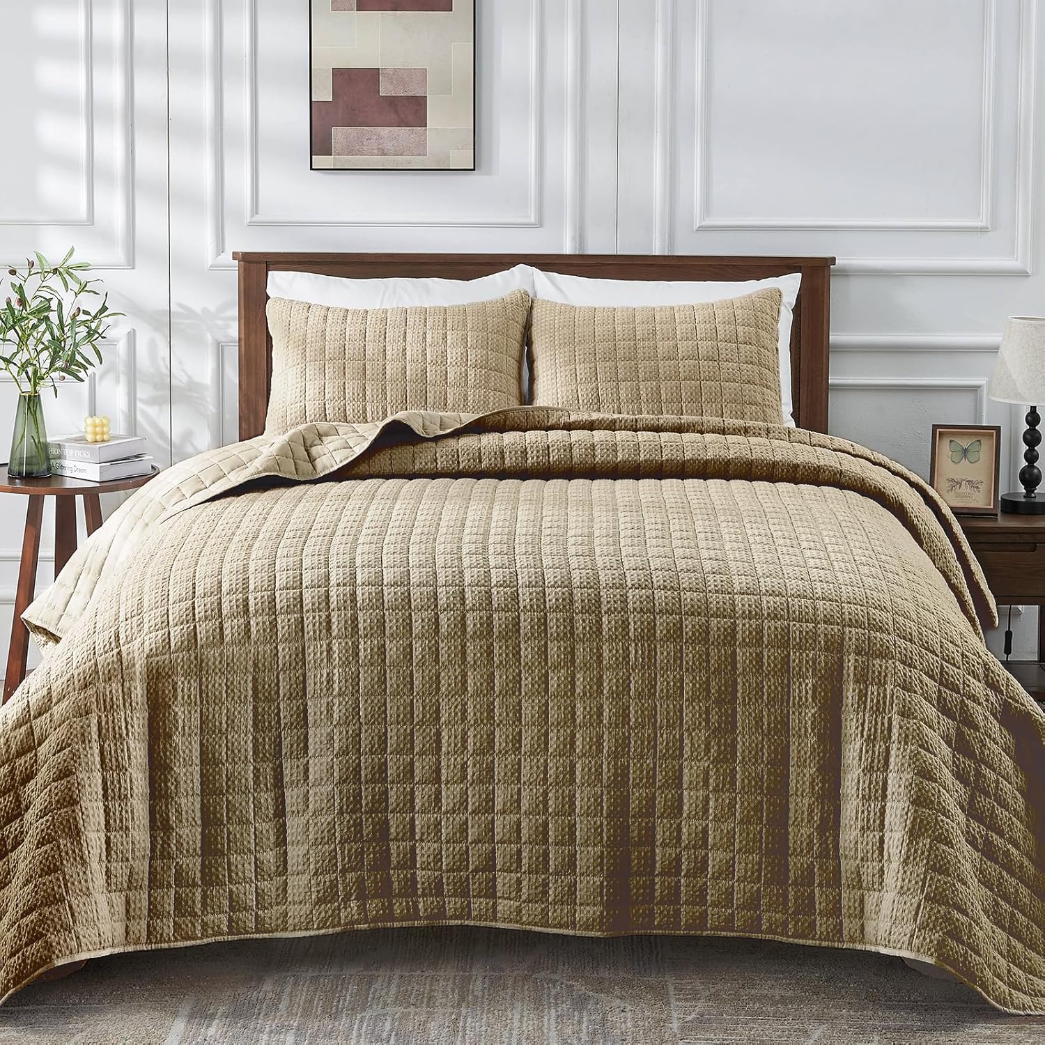 Qucover Juego de ropa de cama de tamaño King de gran tamaño, edredón de gofre beige tamaño King, colcha de colcha marrón topo, 3 piezas, manta