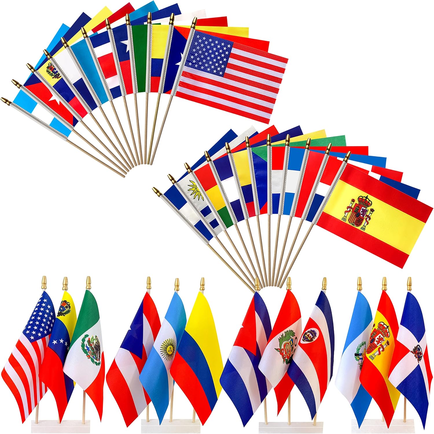 Banderas de habla hispana de 22 países en palo de madera, pequeñas mini banderas latinoamericanas de mano para decoraciones del mes hispano, 5 x 8