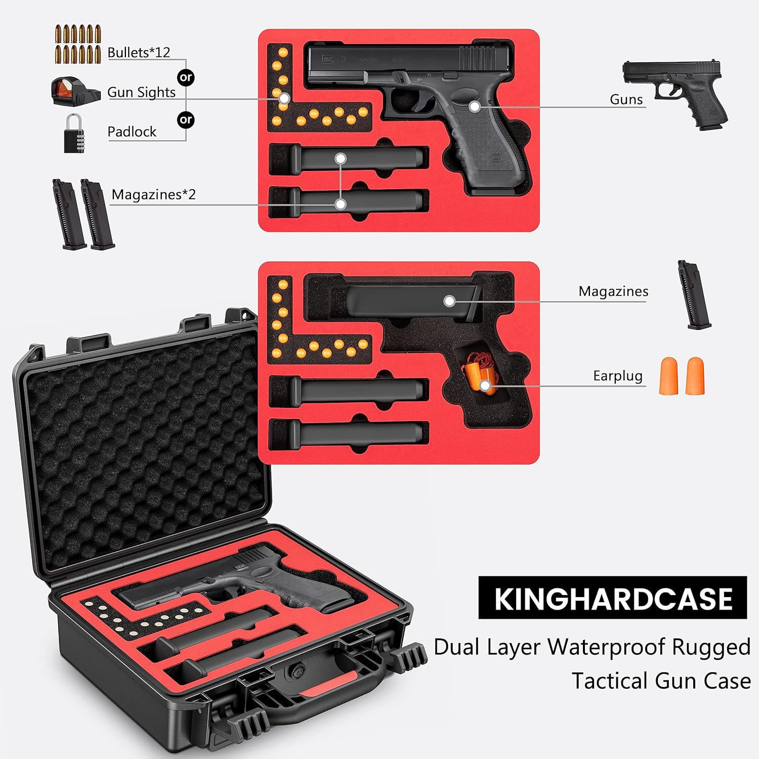 Kinghardcase Funda rígida táctica para pistola Glock, agua y golpes, carcasa rígida con espuma aprobada por la TSA para GLOCK