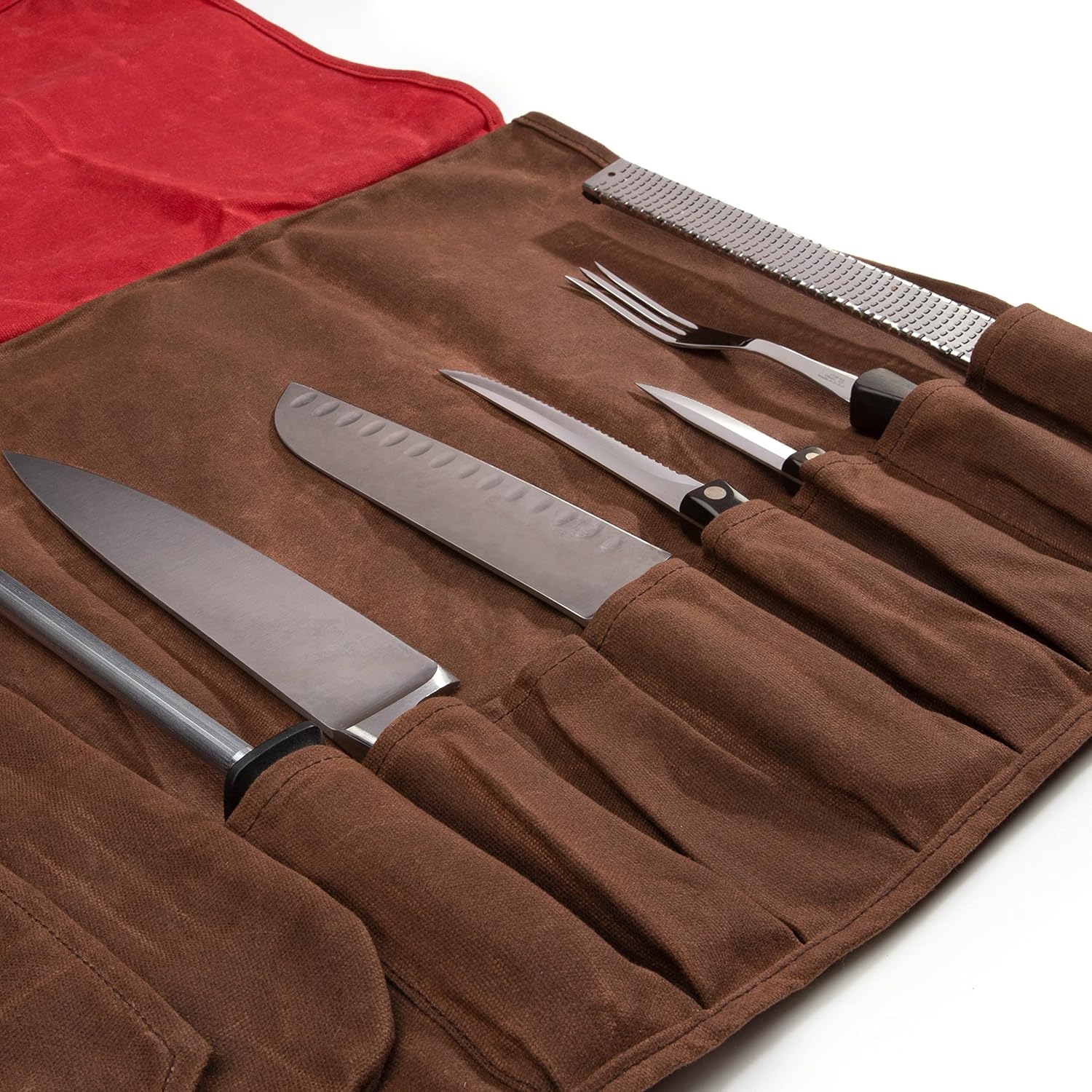 Dickies Organizador portátil para cuchillos de chef y rollo de almacenamiento de cubiertos, lona encerada y cuero, tamaño mediano