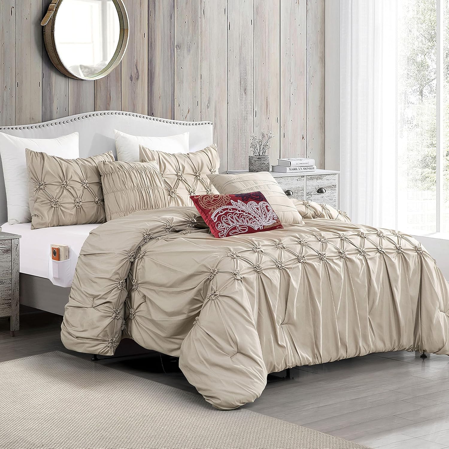 Elegant Comfort Ella – Juego de edredón plisado de 12 piezas, juego de sábanas de 6 piezas con bolsillos inteligentes, almohadas decorativas a