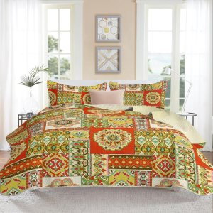 Juego de edredón bohemio de 3 piezas, tamaño King, color naranja, reversible, bohemio, floral, para todas las estaciones, juego de ropa de cama de Juego de edredón bohemio de 3 piezas, tamaño King, color naranja, reversible, bohemio, floral, para todas las estaciones, juego de ropa de cama de