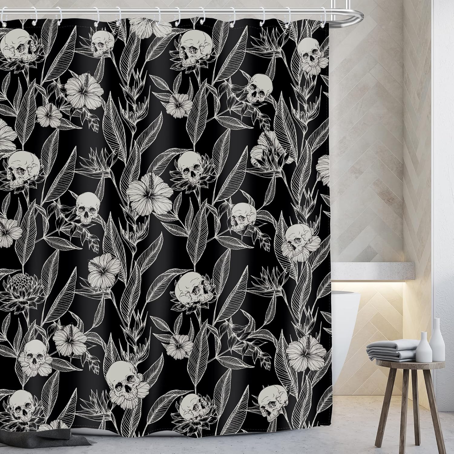AMBZEK Cortina de ducha con diseño floral de calavera negra, 72 pulgadas de ancho x 72 pulgadas de largo, para hombre, gótico, espeluznante,