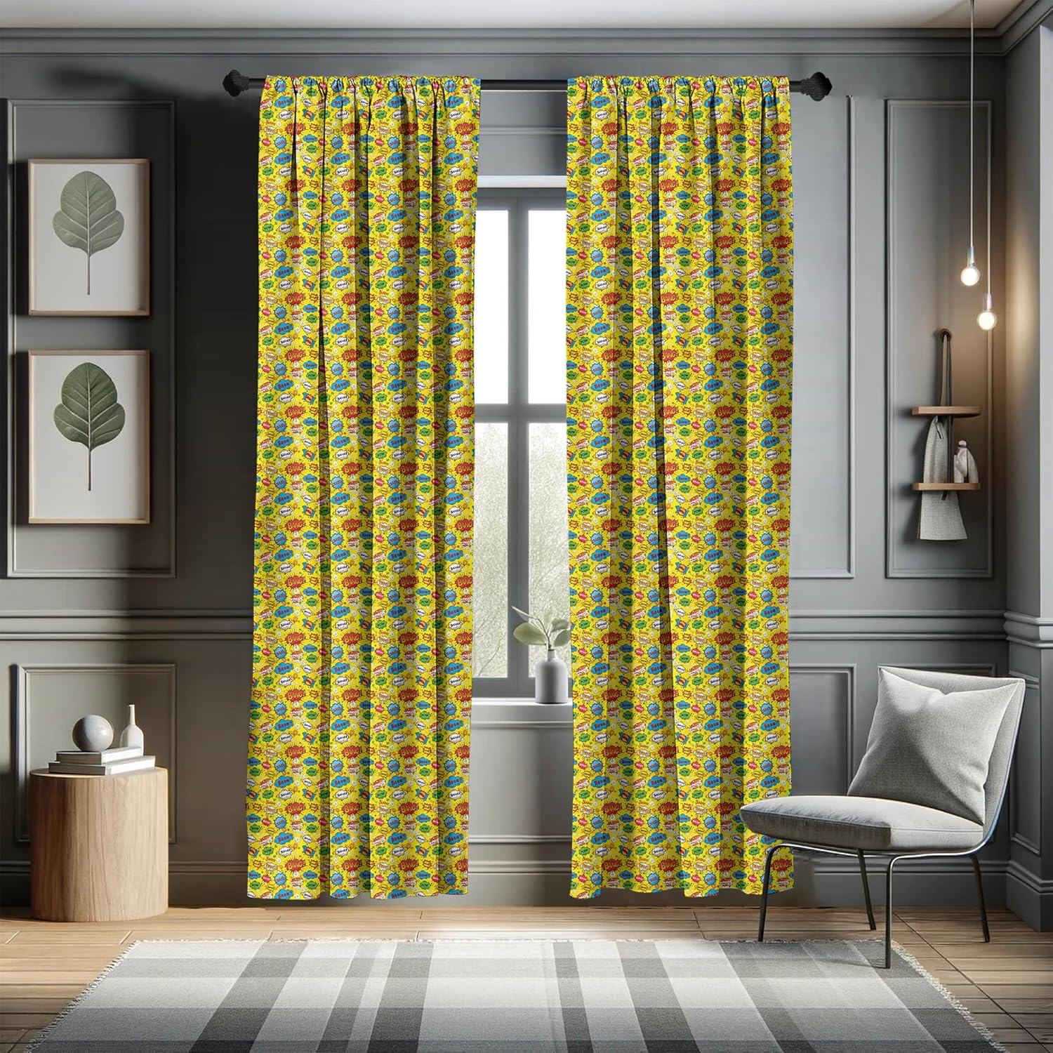 Lunarable Cortinas para ventana de superhéroe, burbujas de discurso de humor Funky Vivid Bang Boom Bam Pow Fiction Design, decoración ligera, juego