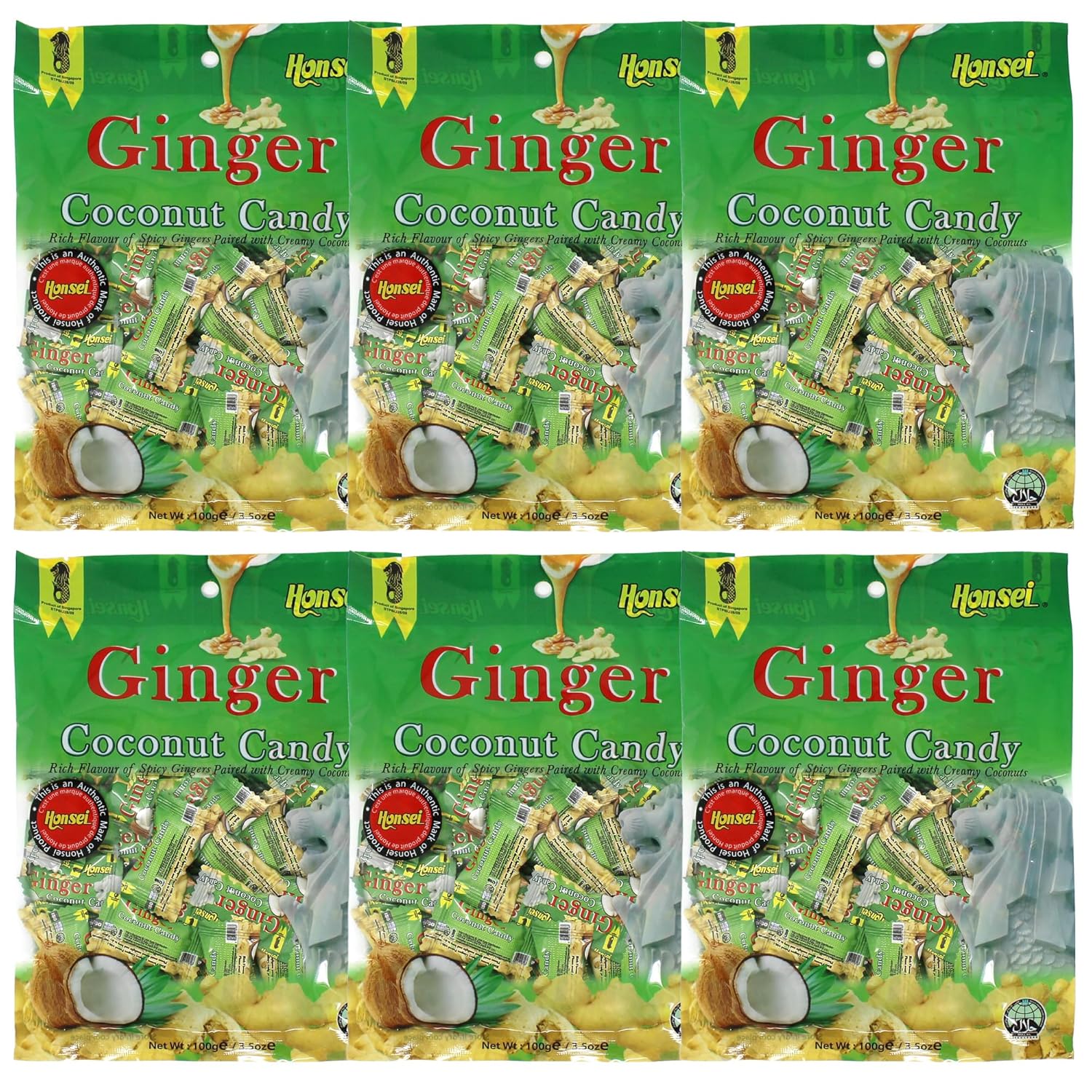 Honsei Caramelo de coco de jengibre 3.53 oz3.5 onzas, sabor rico en jengibres picantes emparejados con cocos cremosos (6)