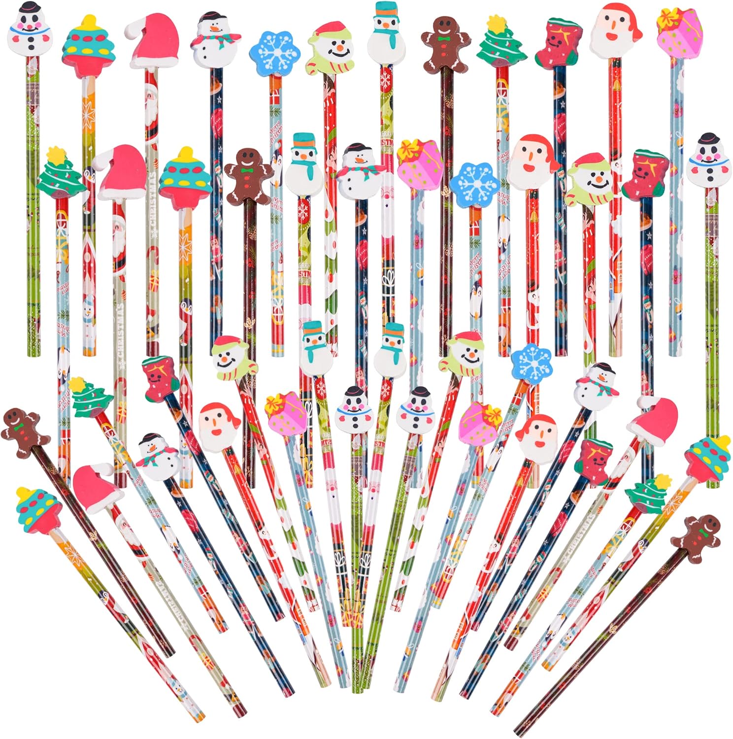 100 lápices de Navidad, lápices de madera de copo de nieve con muñeco de nieve gigante, borrador de árbol de Navidad, surtido de lápices de