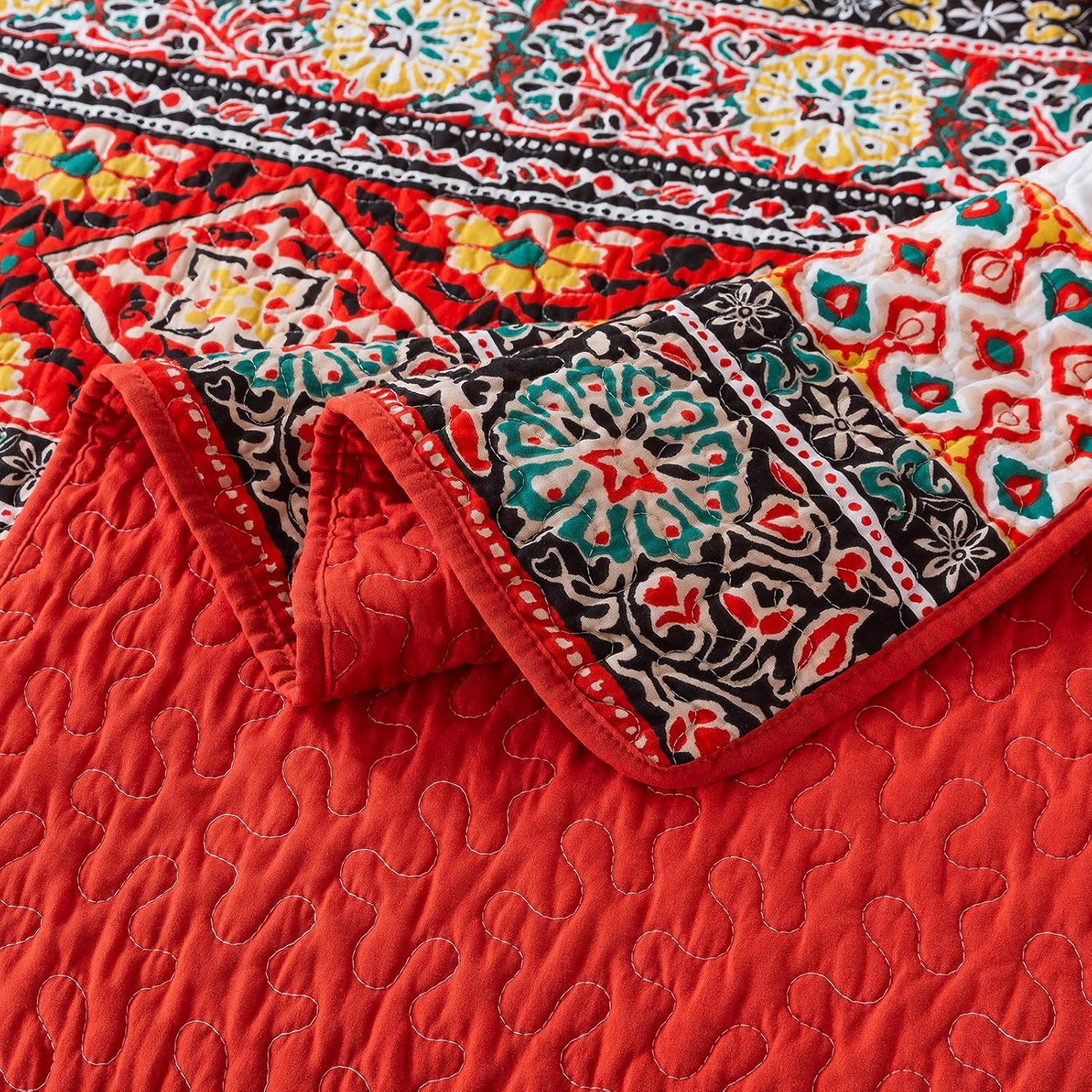 NEWLAKE – Juego de edredón de algodón, juego de cubrecama reversible con diseño de mosaico, patrón bohemio europeo a rayas, tamaño queen