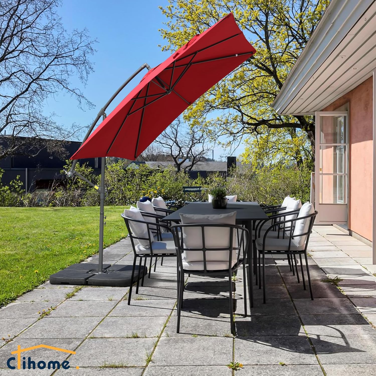 Sombrilla de patio cuadrada de 8.3 pies para exteriores, sombrilla voladiza para patio con botón de inclinación y base para patio, jardín, terraza y