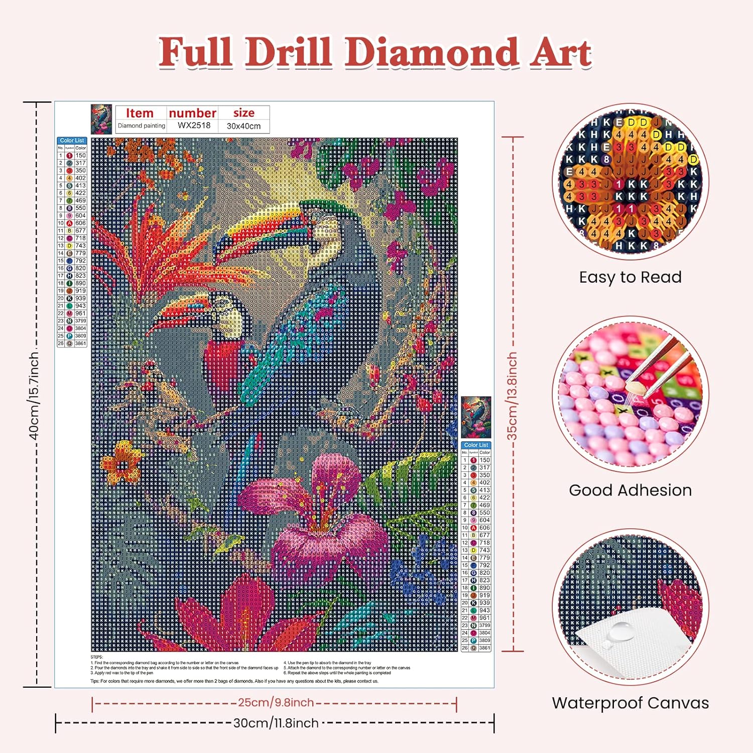 RICUVED Kits de arte de diamantes para adultos, pájaros 5D, flores, kit de arte de diamantes de taladro redondo completo de puntos de diamante, kit
