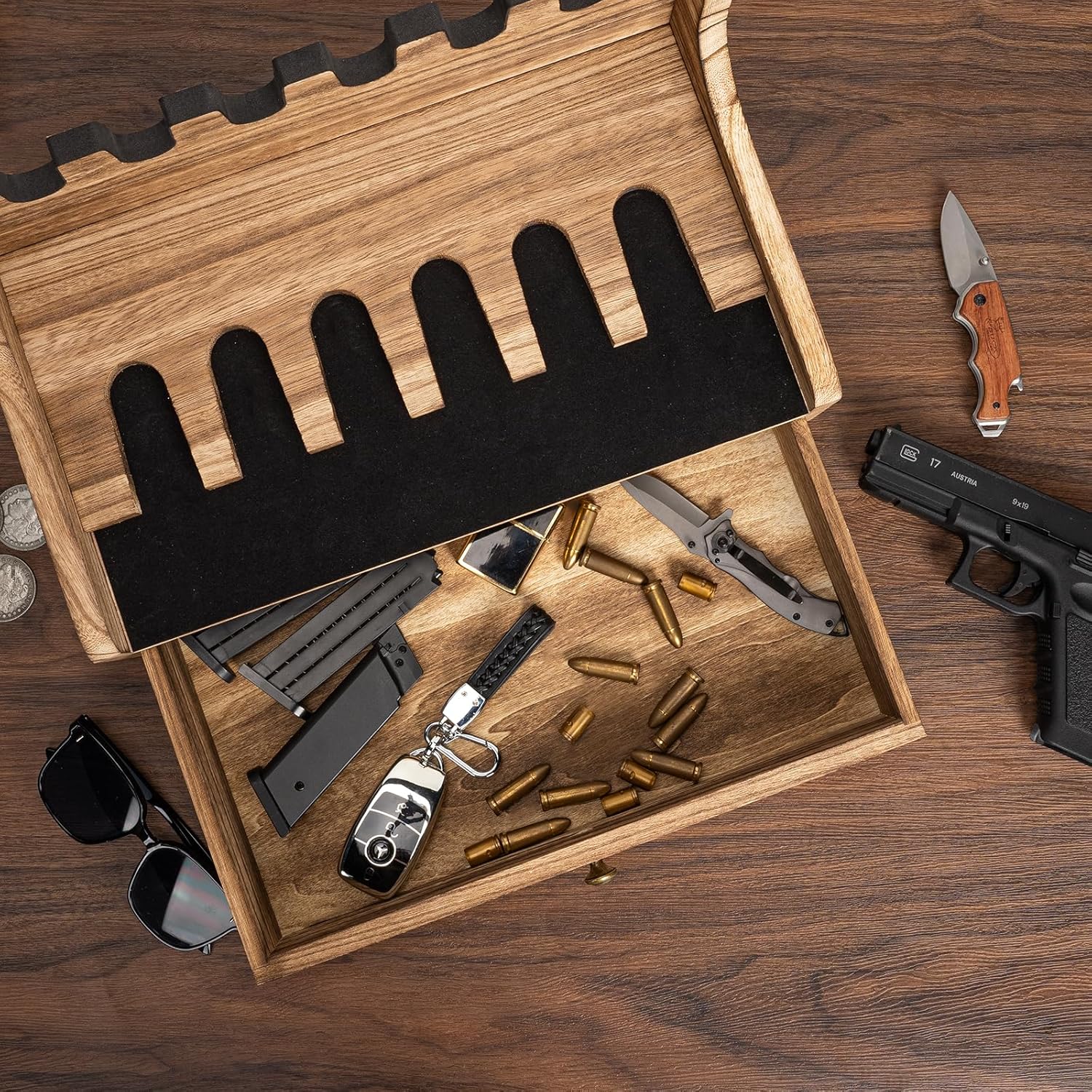 Estante para pistola para caja fuerte y gabinetes, estante de madera maciza con cajón para pistola de estilo rústico seguro accesorio para pistola y