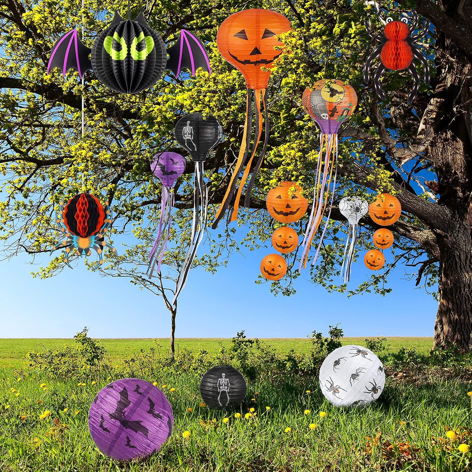 48 linternas de papel de decoración de Halloween, faroles de papel de esqueleto de calabaza, calcomanías de pared de murciélago 3D, arañas para