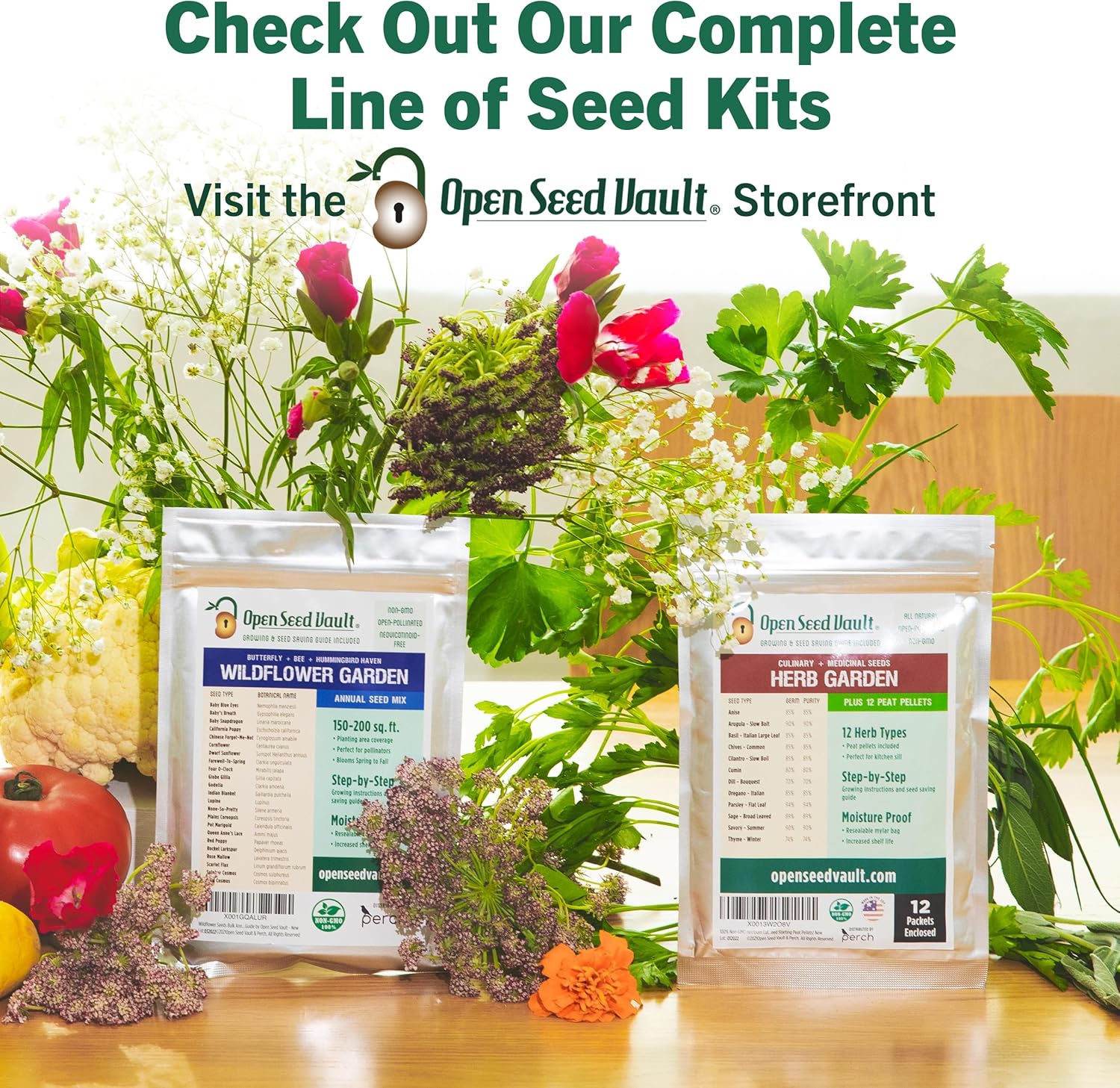 Open Seed Vault Paquete variado (44 variedades) semillas de jardín de hierbas, kit de inicio de semillas de jardinería, alimentos para equipos de