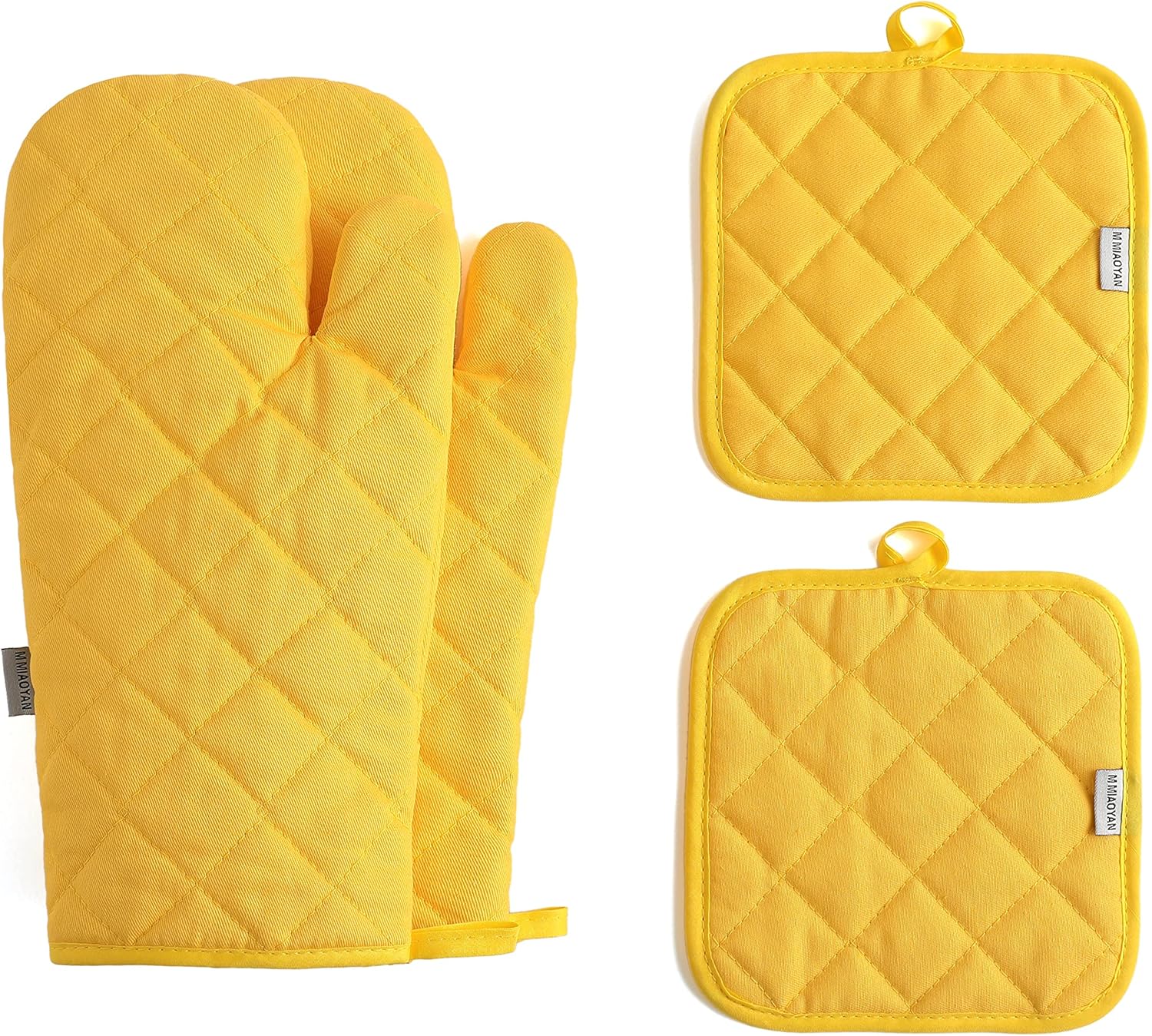 M Miaoyan – Juego de 4 guantes de horno y soportes para ollas, resistentes al calor, 500 grados, extra gruesos, largos, de algodón, para cocina (12