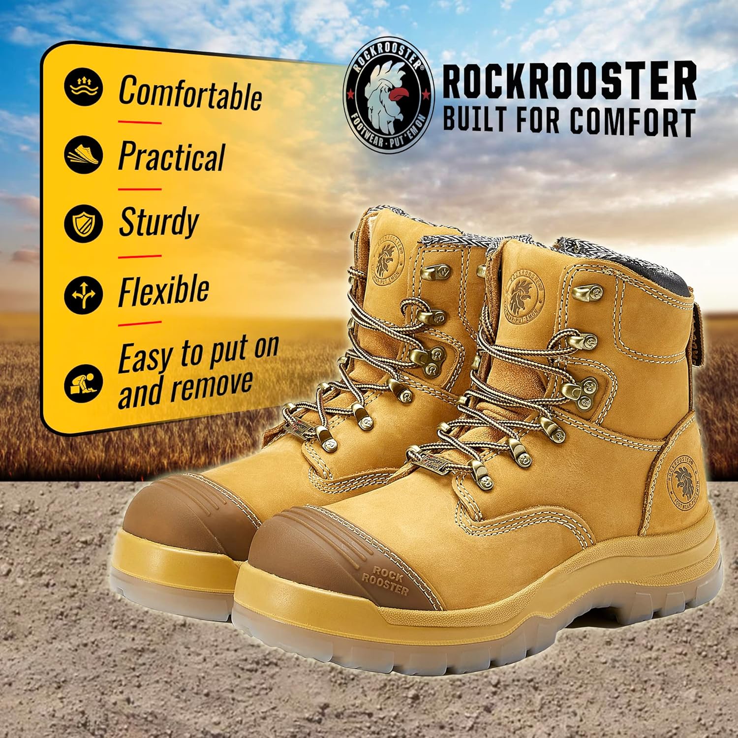 ROCKROOSTER Botas de trabajo para hombre, 7 pulgadas, punta de acero, cremallera lateral, zapatos de cuero aceitado de seguridad antideslizantes,