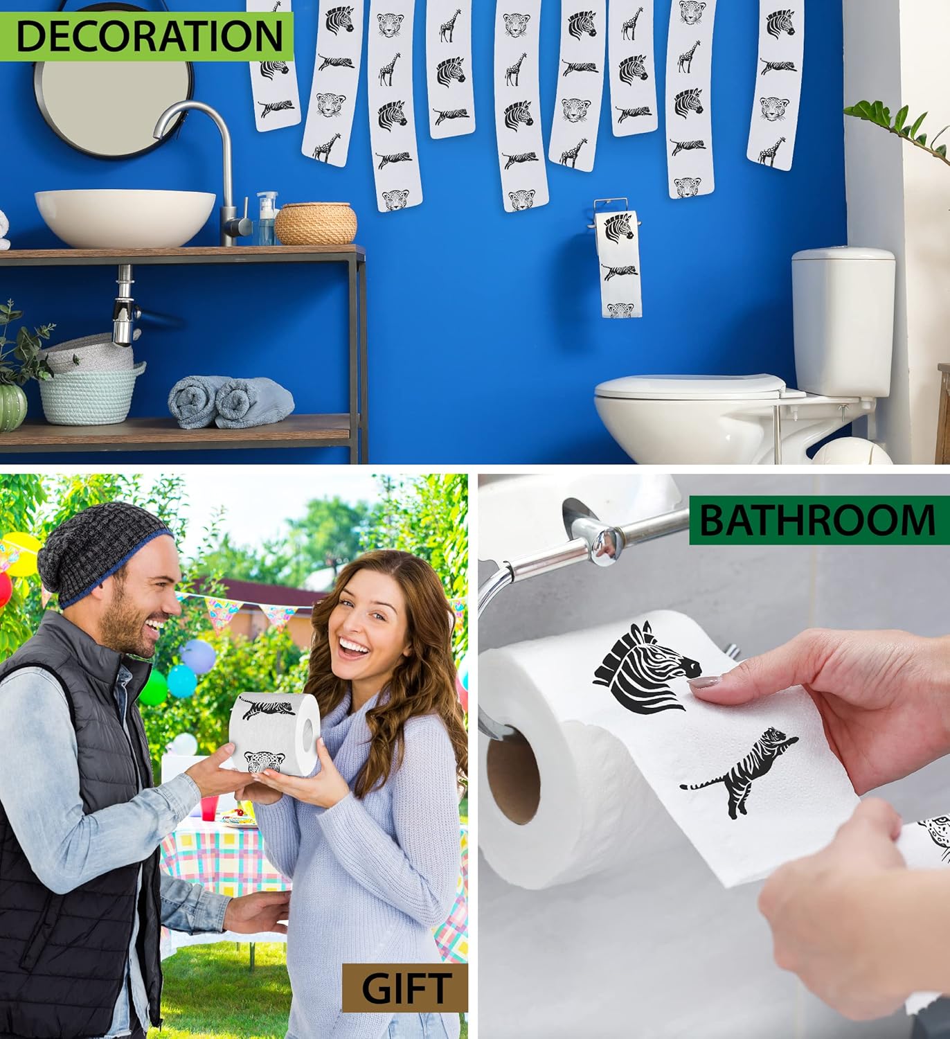 Papel higiénico de 2 capas con patrón de animales, rollo de papel higiénico divertido para decoración del hogar, regalos de broma y divertido