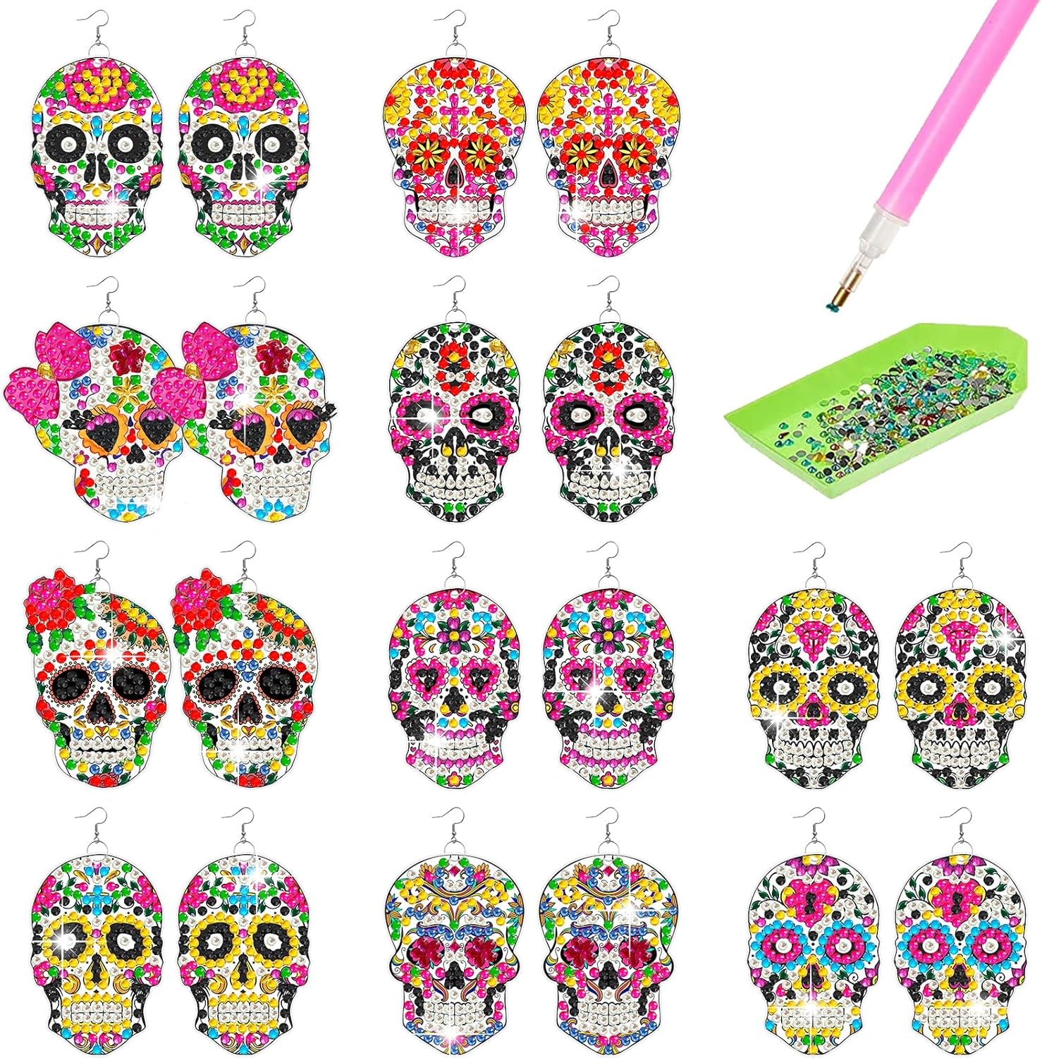 Juego de 10 pares de aretes de diamantes 5D con forma de calavera para el Día de los Muertos, pintura de diamantes para mujeres, México, aretes de