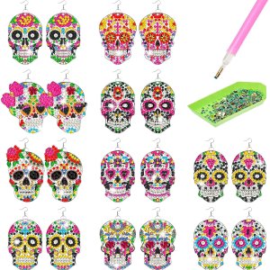 Juego de 10 pares de aretes de diamantes 5D con forma de calavera para el Día de los Muertos, pintura de diamantes para mujeres, México, aretes de Juego de 10 pares de aretes de diamantes 5D con forma de calavera para el Día de los Muertos, pintura de diamantes para mujeres, México, aretes de