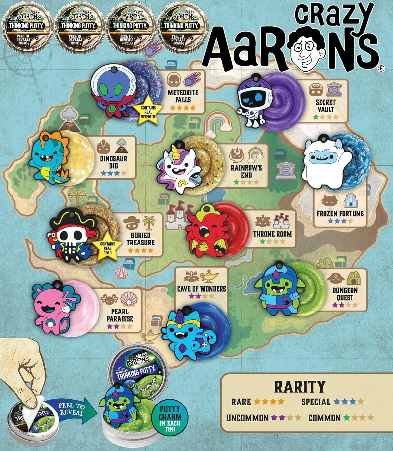 Crazy Aaron’s Putty Mini Latas Lost Treasure Guardians Peel to Reveal Putty and Charms (Colecciona los 10) Set de Regalo para Fiesta  Paquete de 4