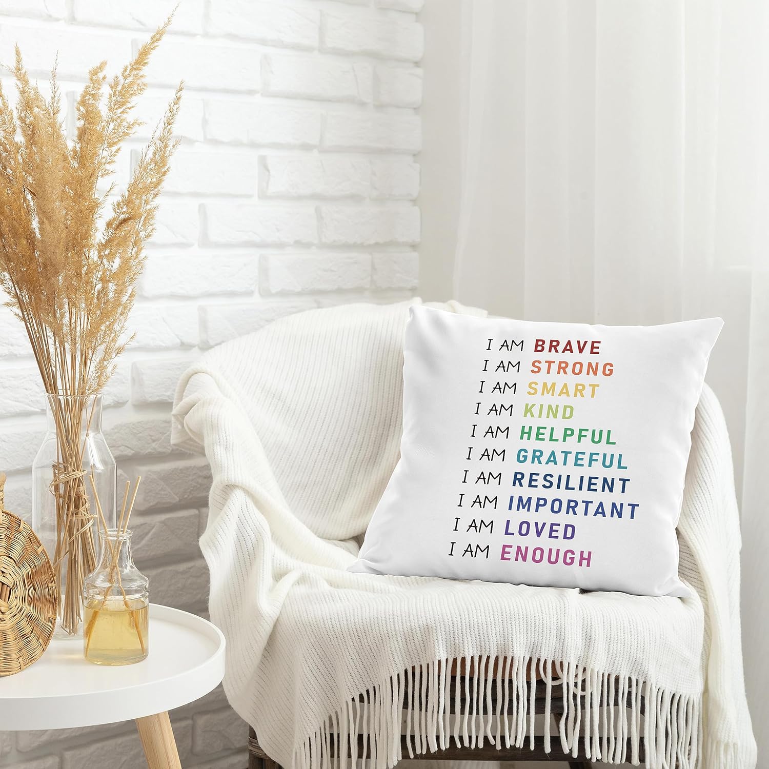 Funda de almohada de afirmaciones positivas de arcoíris de 18 x 18 pulgadas, funda de almohada decorativa inspiradora con texto en inglés “I am