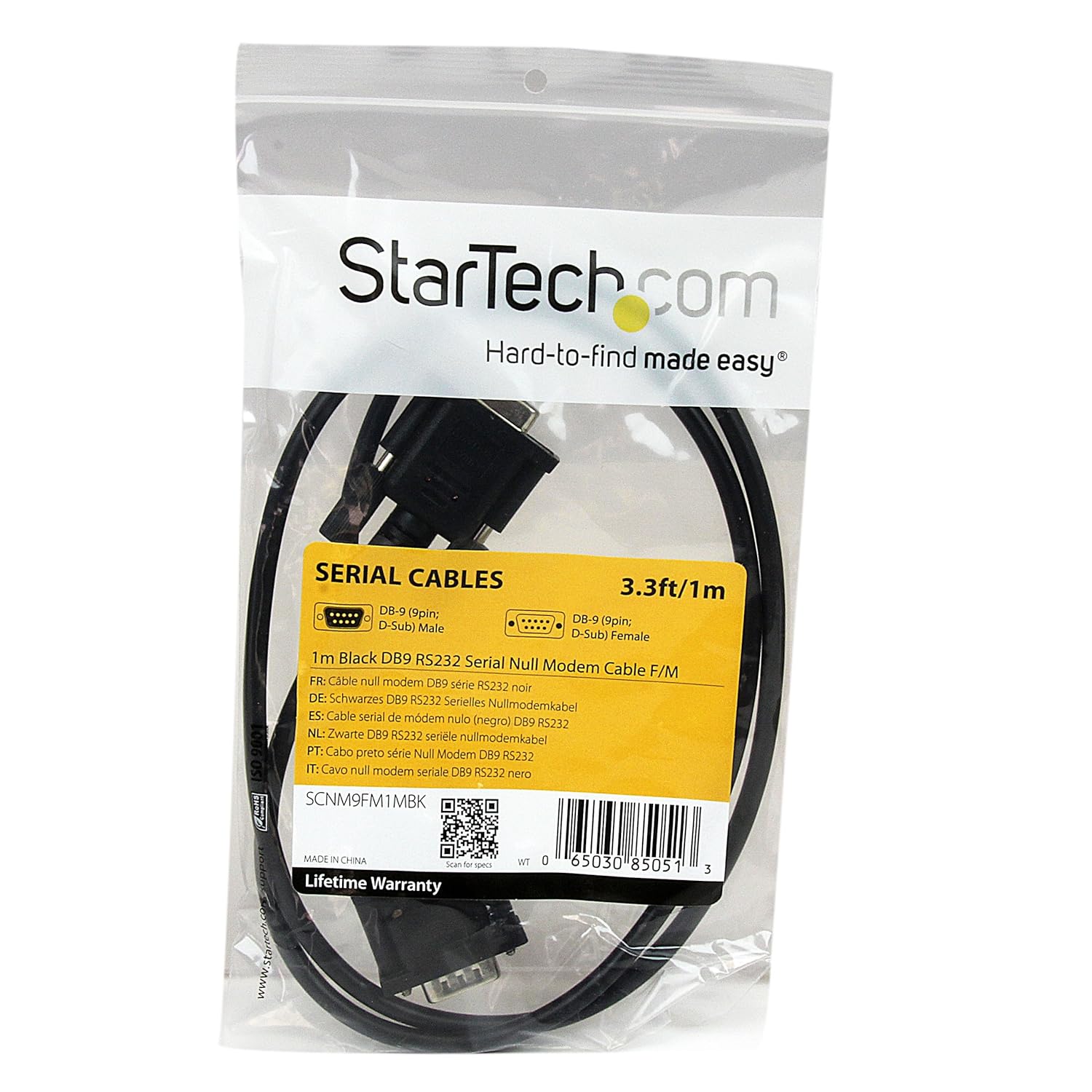 StarTech.com Cable de módem nulo serie DB9 RS232 negro de 3.3 ft FM – DB9 macho a hembra – Cable de módem nulo de 9 pines – 1 x DB9 (M), 1 x DB9