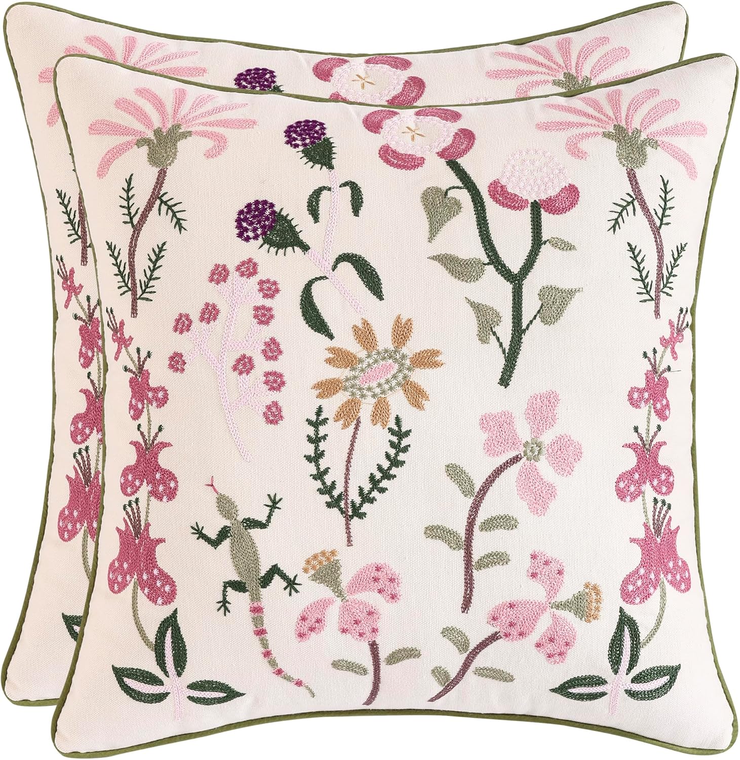 Tosleo Fundas de almohada decorativas de 18 x 18 pulgadas, paquete de 2 fundas de almohada de algodón con flores rosas bordadas de Gecko, fundas de