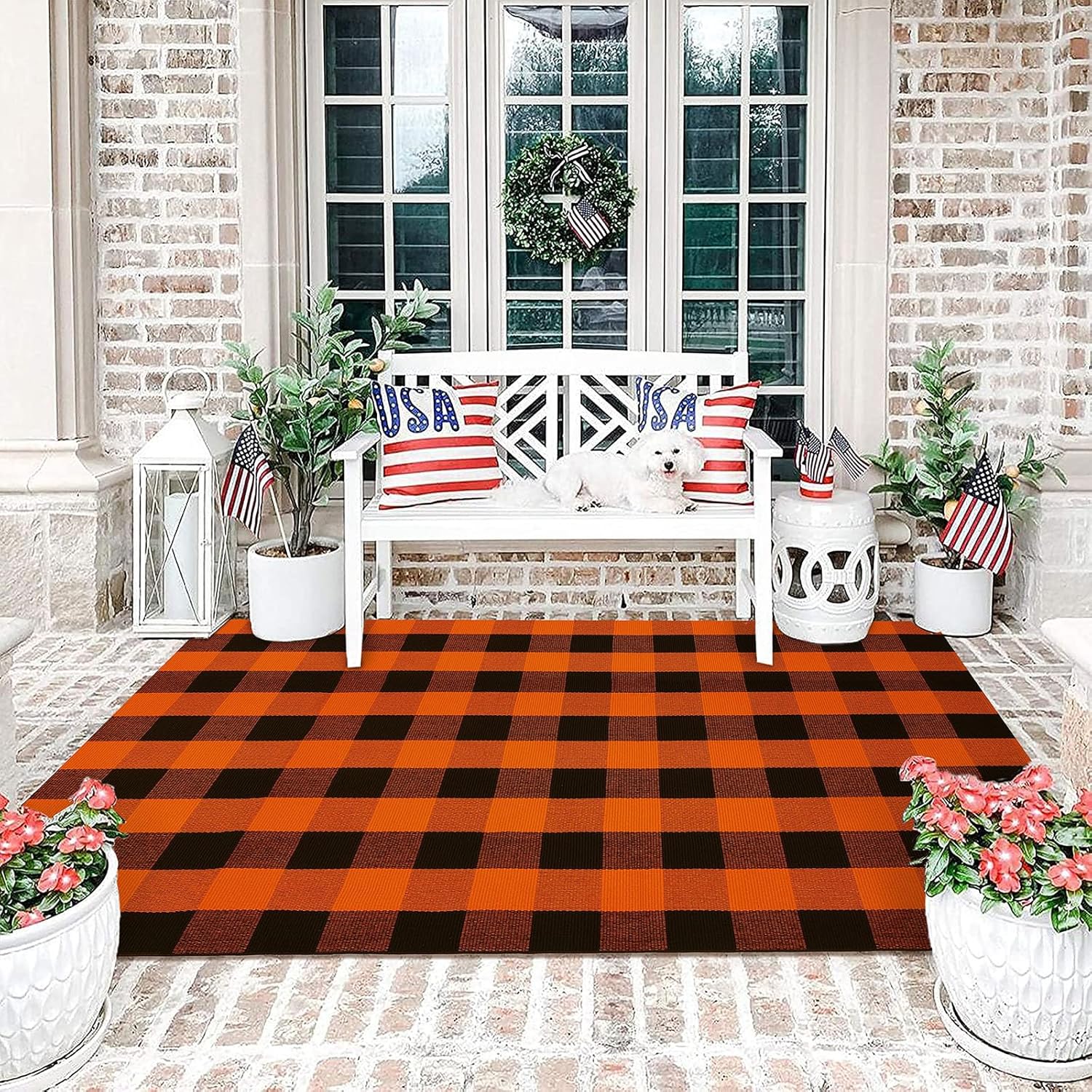 KOZYFLY Alfombra de lana cuadriculada de 4 x 6 pies, color naranja y negro, alfombra lavable de algodón tejida a mano para puerta de Halloween, para