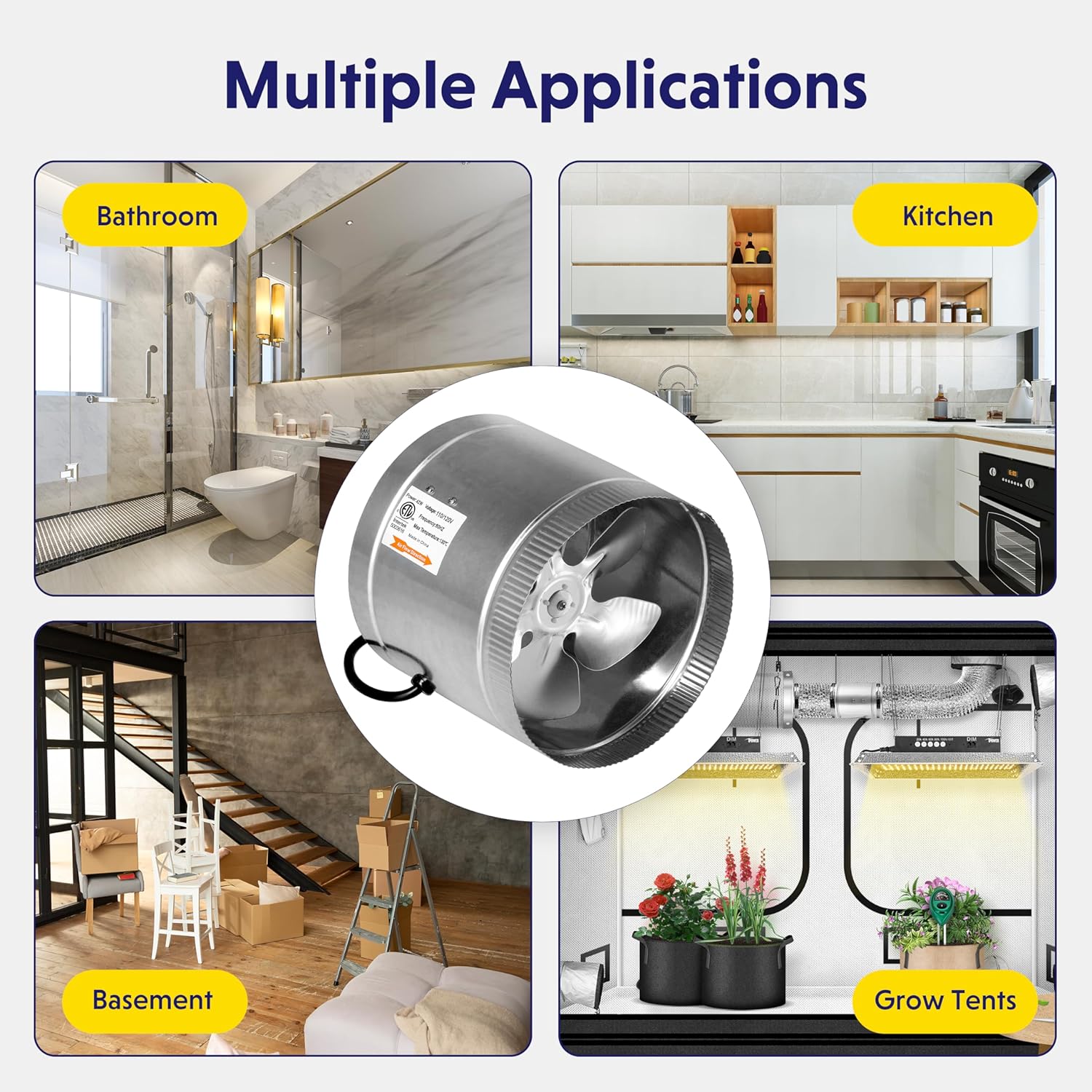 iPower Escape en línea de 8 pulgadas, 420 CFM, bajo nivel de ruido, para ventilación HVAC en tienda de cultivo, sótanos, baños y cocinas, ventilador