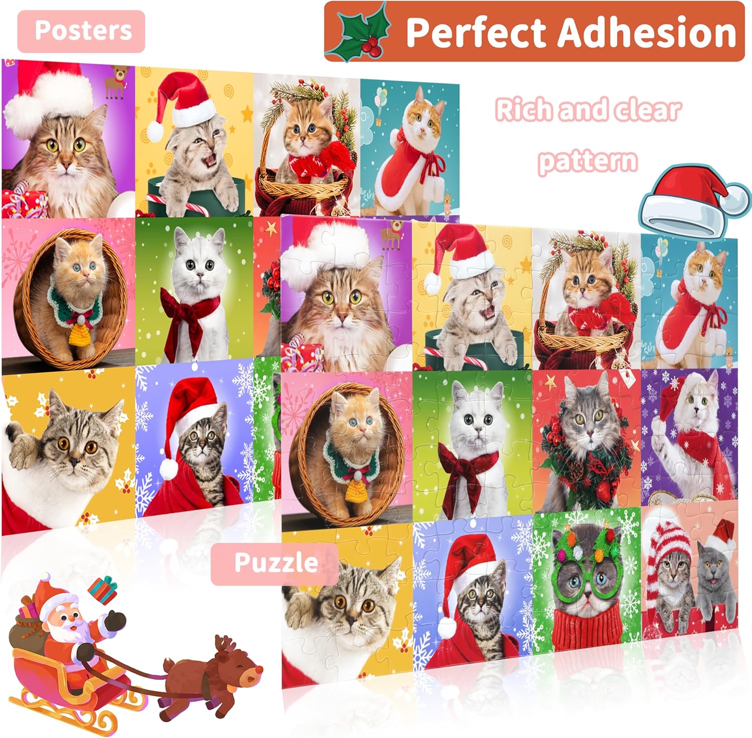Rompecabezas de Navidad de 100 piezas para niños, gatos de Navidad, rompecabezas multicolor para niños de 4 a 8 años, 3 a 5 y 8 a 10 años, juguetes