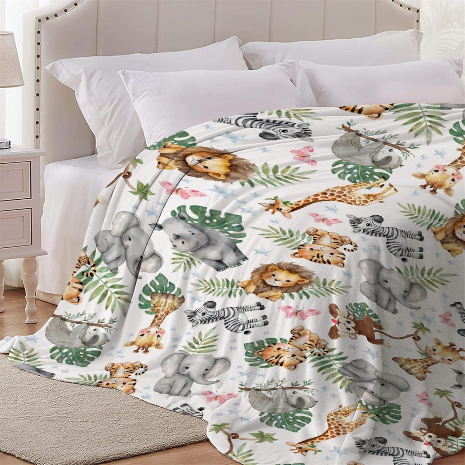 Linda manta de franela de animales de la selva, súper suave y ligera, para niños, adultos, adecuada para sofá, cama, campamento, viajes, todas las